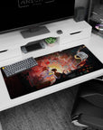 Anime desk pad 36x16 inches featuring a mystical scene with a lone figure, swirling demons, and gods in crimson brushstrokes.