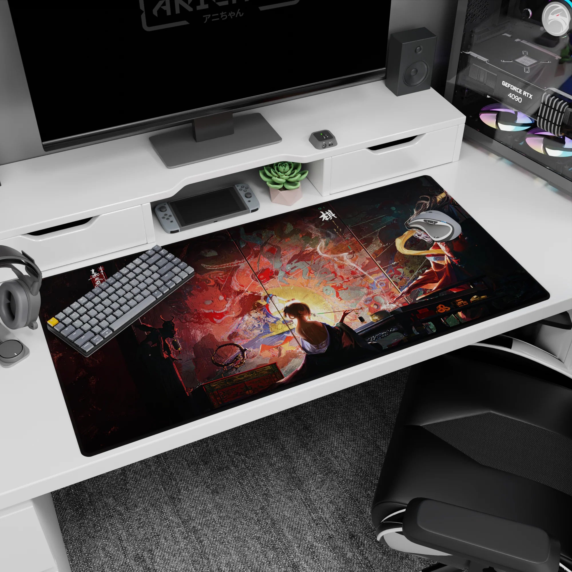 Anime mouse pad 40x20 inches featuring a mystical scene with a lone artist, swirling demons, and ancient folklore elements.