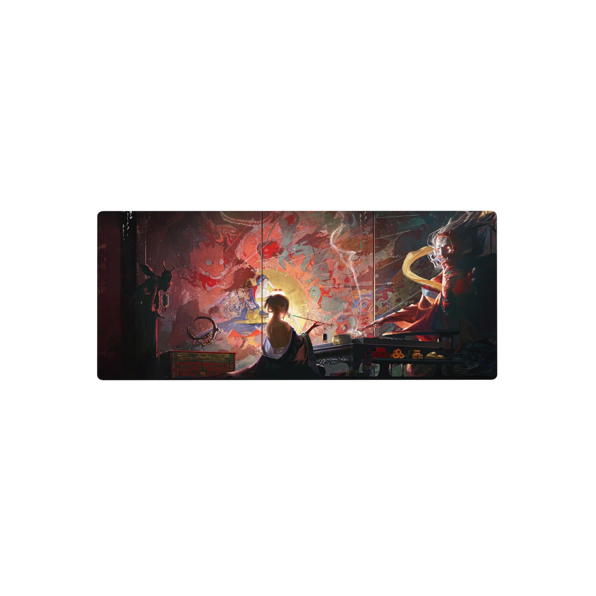 Anime mouse pad 28x12 inches with a mystical scene of a figure painting beside lamplight, surrounded by demons and gods.