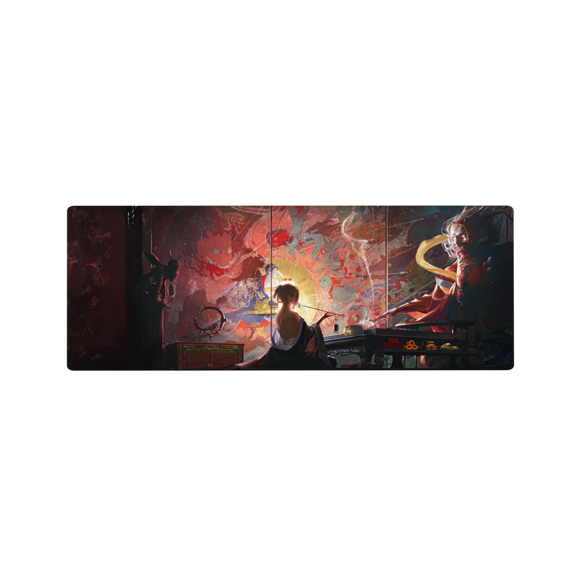 Anime mouse pad, 32x12 inches, features a mystical scene with a lone artist, demons, gods, and crimson battles.