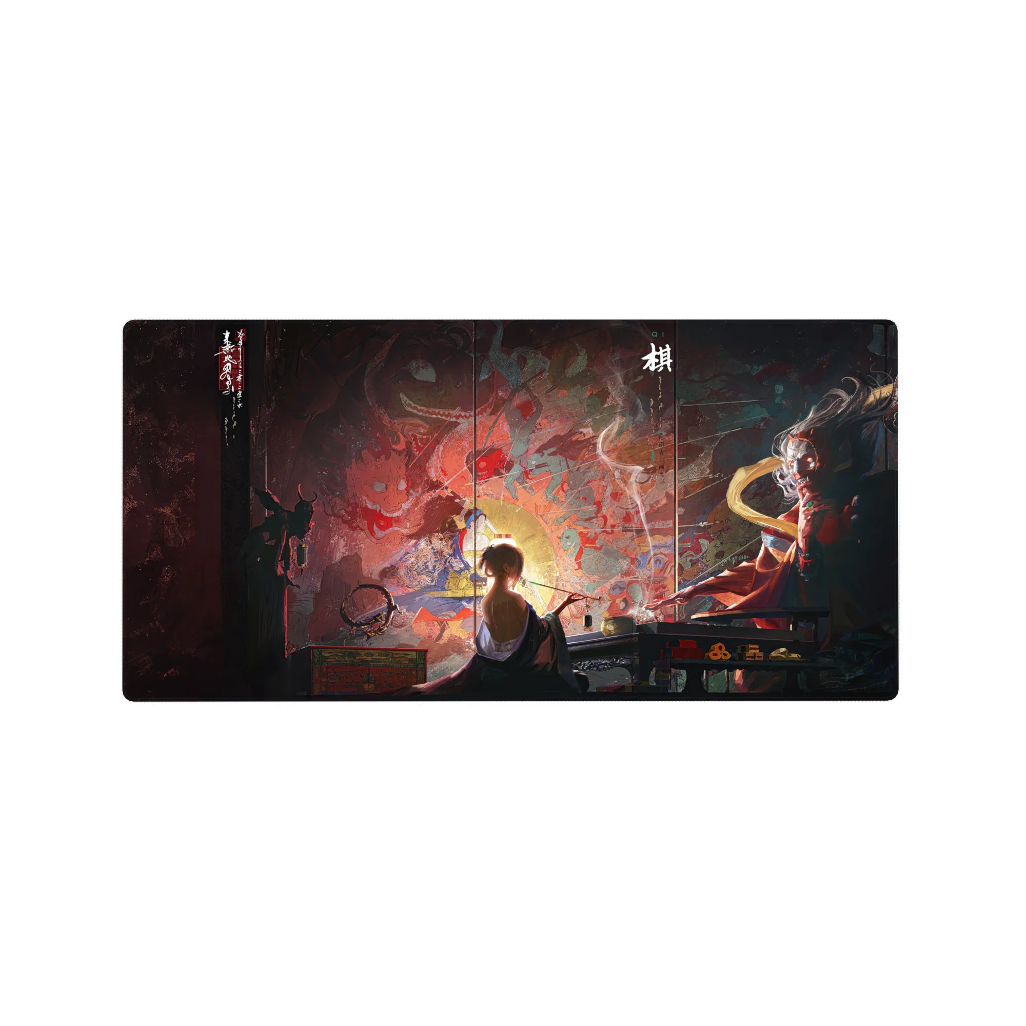 Dark mystical anime mouse pad, 32x16 inches, featuring a lone artist amidst swirling demons and gods in crimson brushstrokes.
