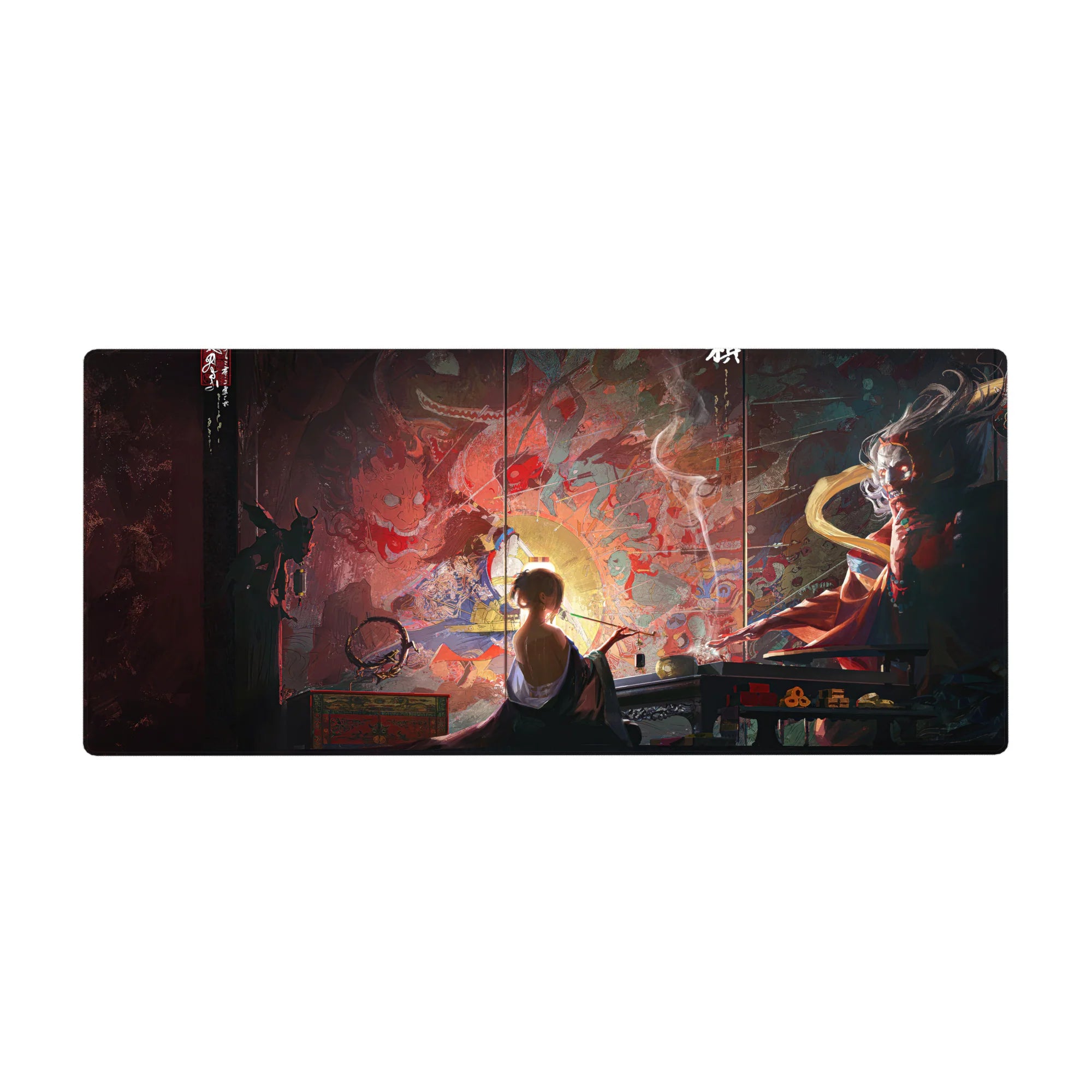 Anime desk pad 36x16 inches featuring a lone figure painting by lamplight, surrounded by mystical yokai and ancient battles.