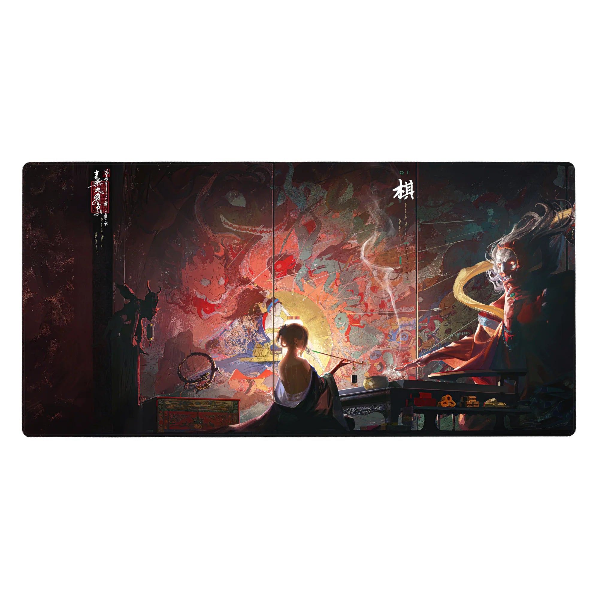 Anime desk pad featuring a 40x20 inch mystical scene with a lone figure painting among swirling demons and gods.