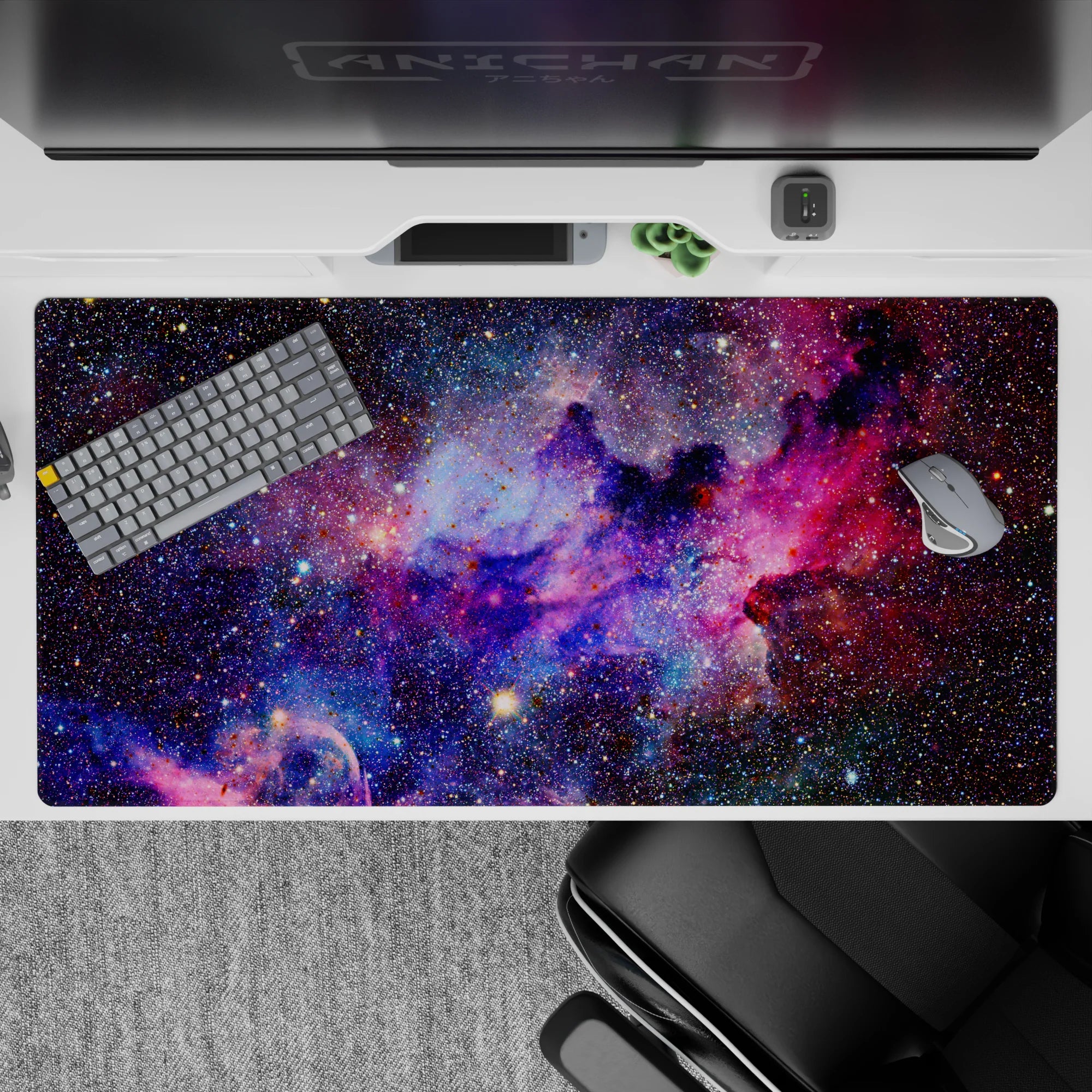 Midnight blue and violet cloud desk pad 40x20 inches, dreamy cosmic mood with bright glitter stars.