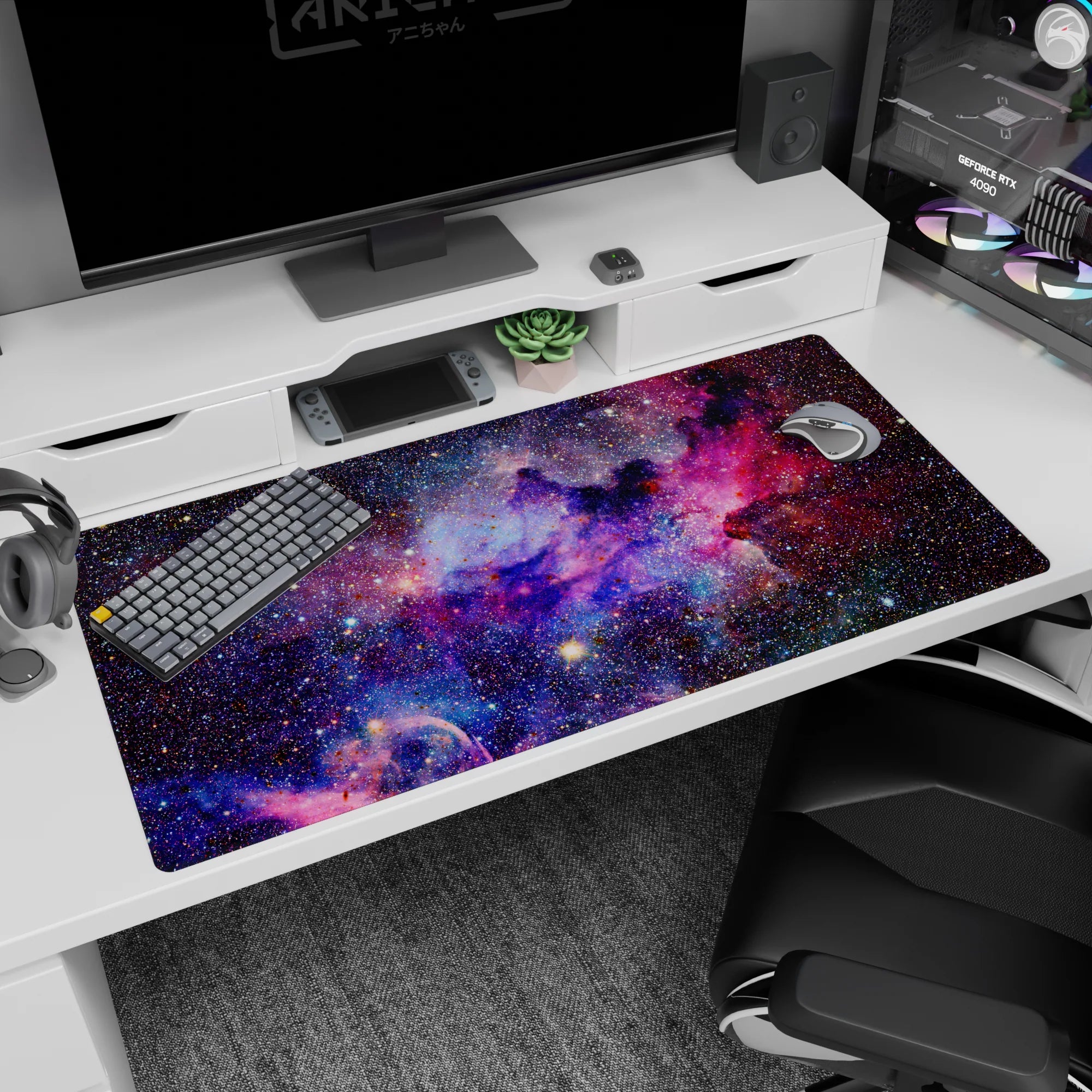 Starry nebula scene desk pad 40x20 inches with glittering constellations and pink cosmic candy pops.