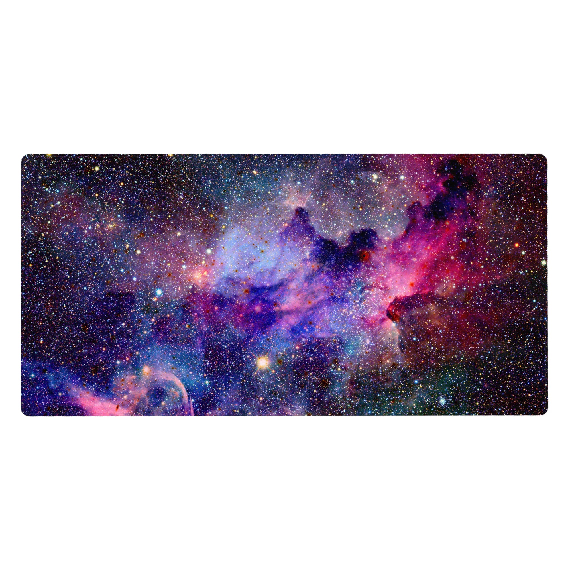 Galaxy swirl desk pad 40x20 inches with star-speckled glitter, pink bursts, and deep space depth.