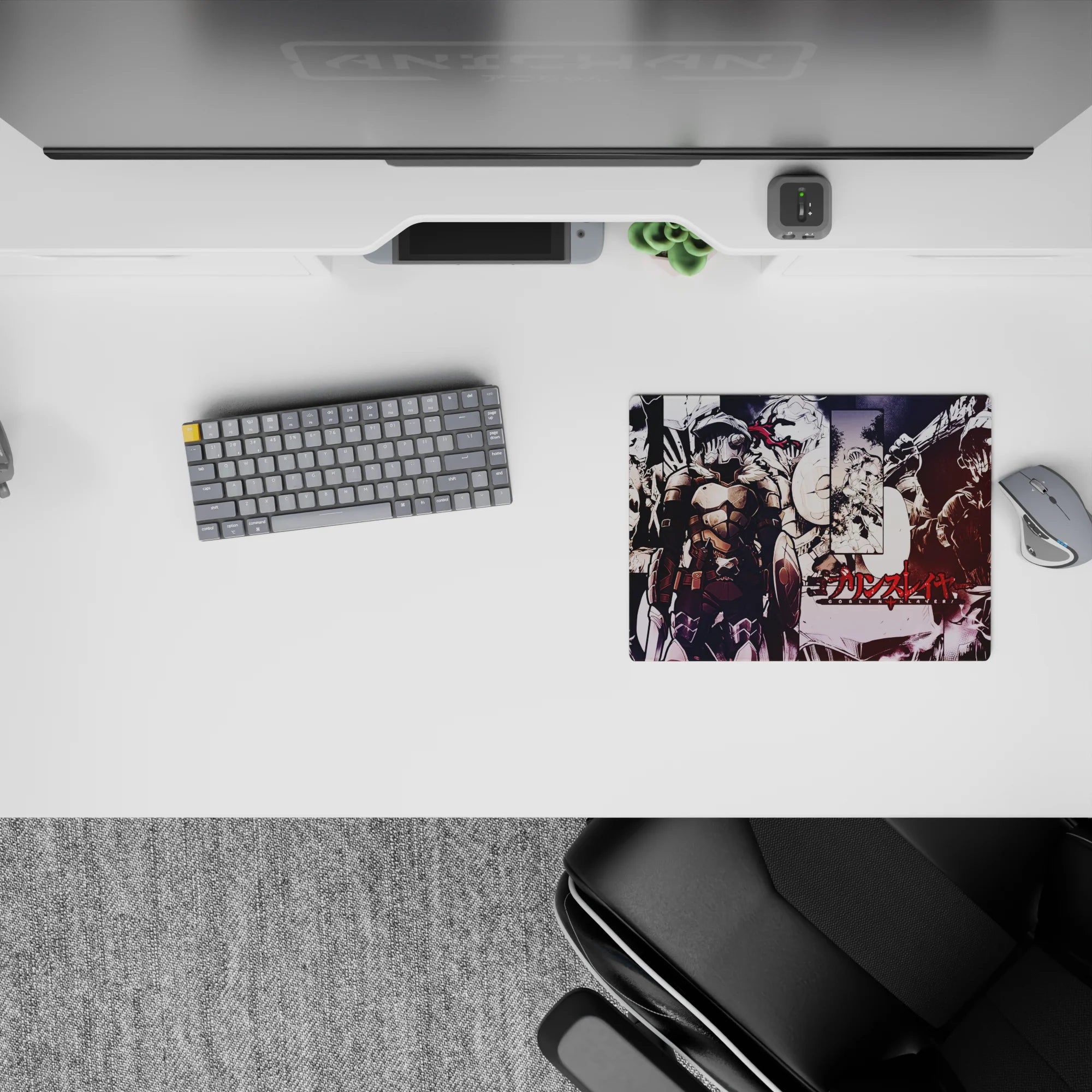 Classic anime mouse pad 14x10 inches in black, bone-white, and blood-red with a dark late-night hunt mood.
