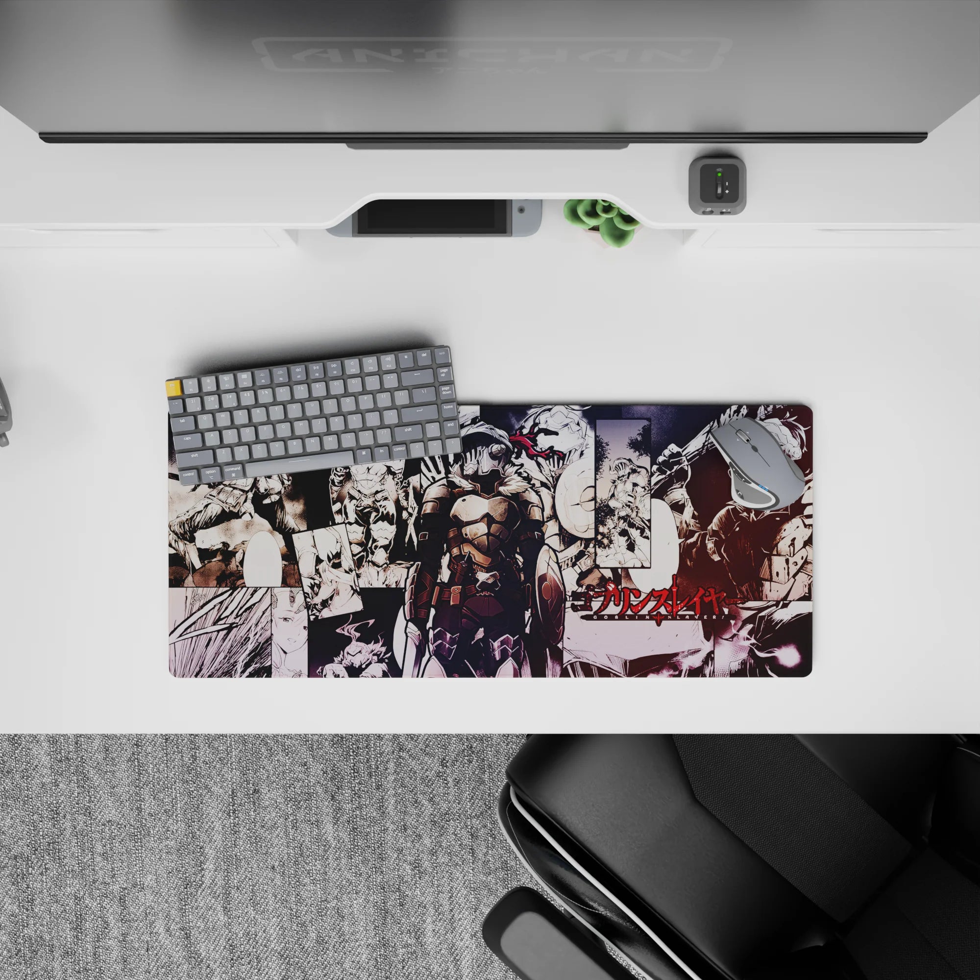 Dark fantasy mouse pad 28x12 inches in black, bone-white, and blood-red tones with late-night hunt mood.