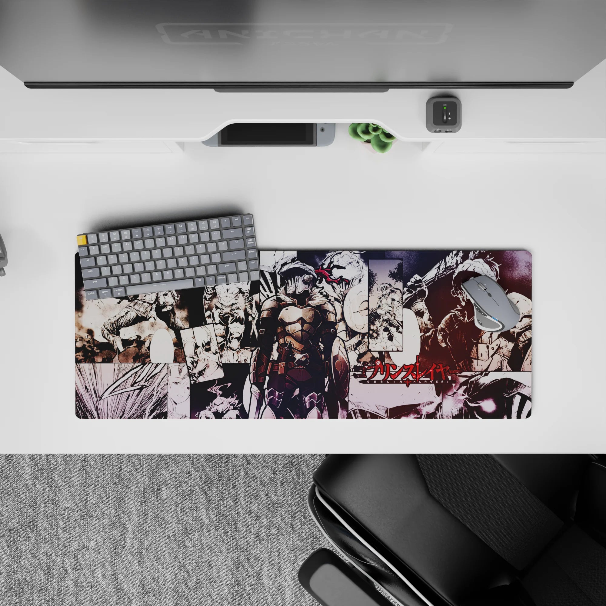 Dark fantasy anime mouse pad in black, bone-white, and blood-red tones, tense night-hunt vibe, 32x12 inches.