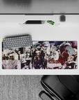 Dark fantasy anime mouse pad in black, bone-white, and blood-red tones, tense night-hunt vibe, 32x12 inches.