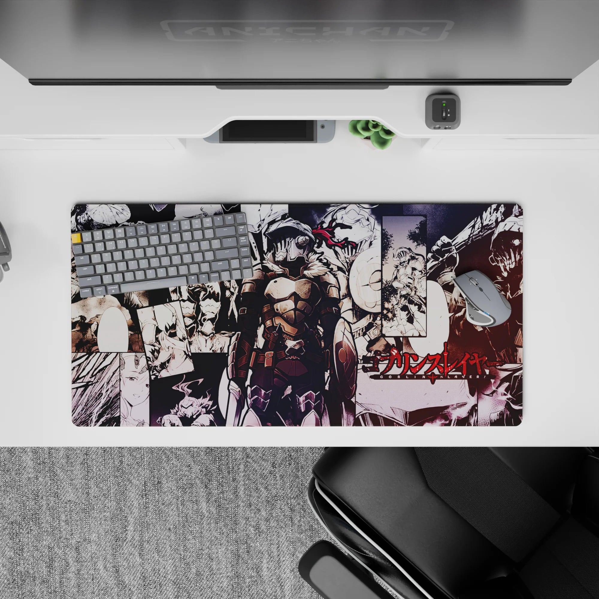 Dark fantasy anime mouse pad 32x16 inches in black, bone-white, and blood-red, late-night hunt vibe.