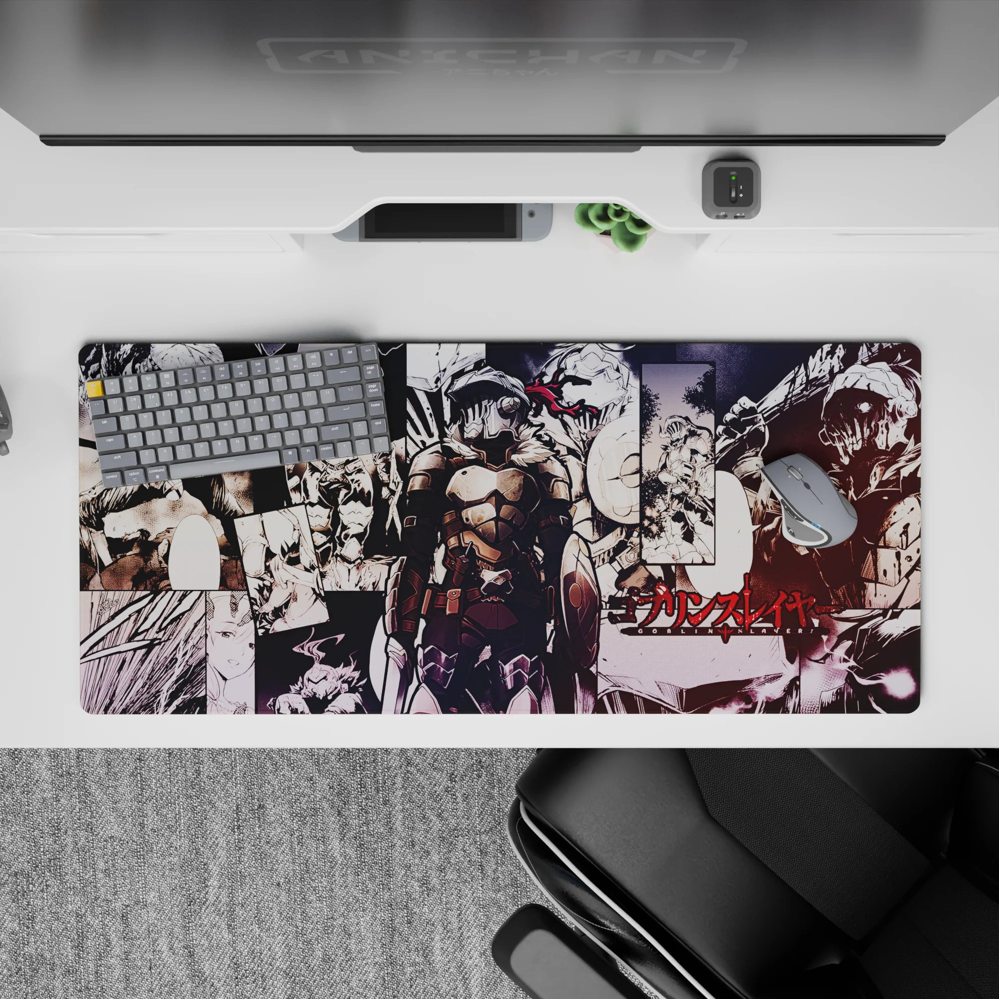 Dark fantasy anime desk pad 36x16 inches in black, bone-white, and blood-red late-night hunt mood.
