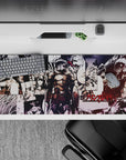 Dark fantasy anime desk pad 36x16 inches in black, bone-white, and blood-red late-night hunt mood.