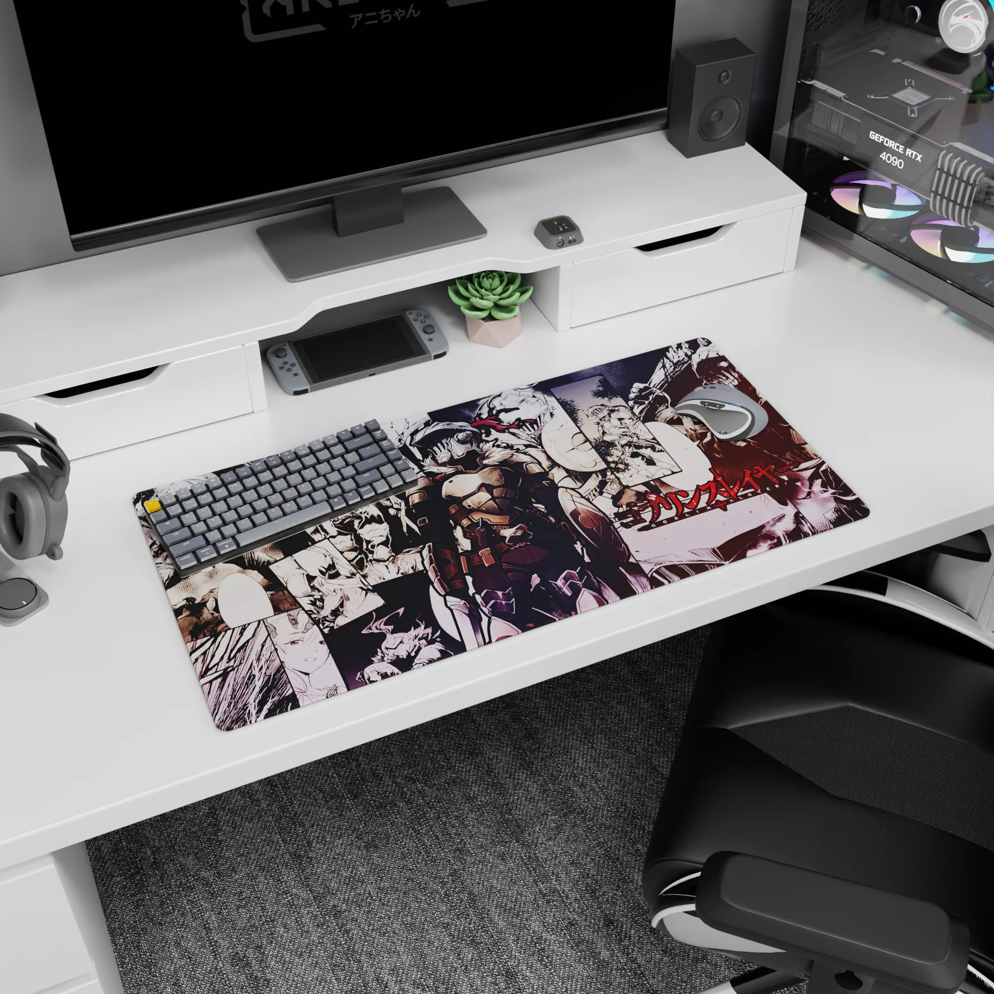 Goblin Slayer in heavy armor with visor down, dramatic shadows over manga panels, mouse pad 32x16 inches.