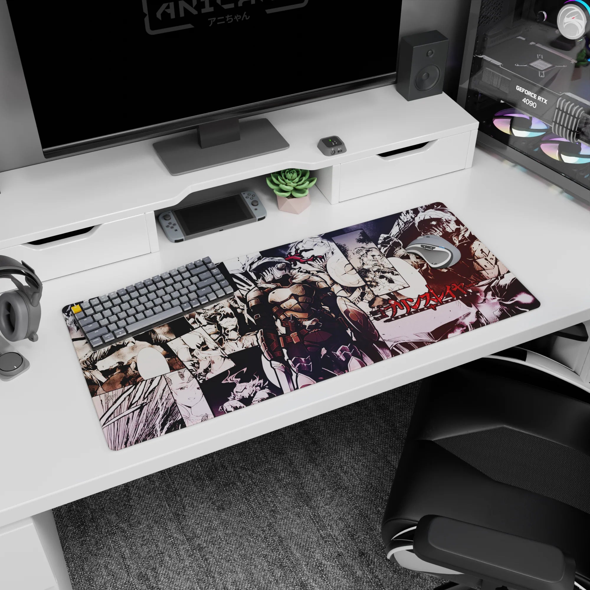 36x16 inches anime desk pad featuring Goblin Slayer in heavy plate armor, visor down, fur-trim collar.