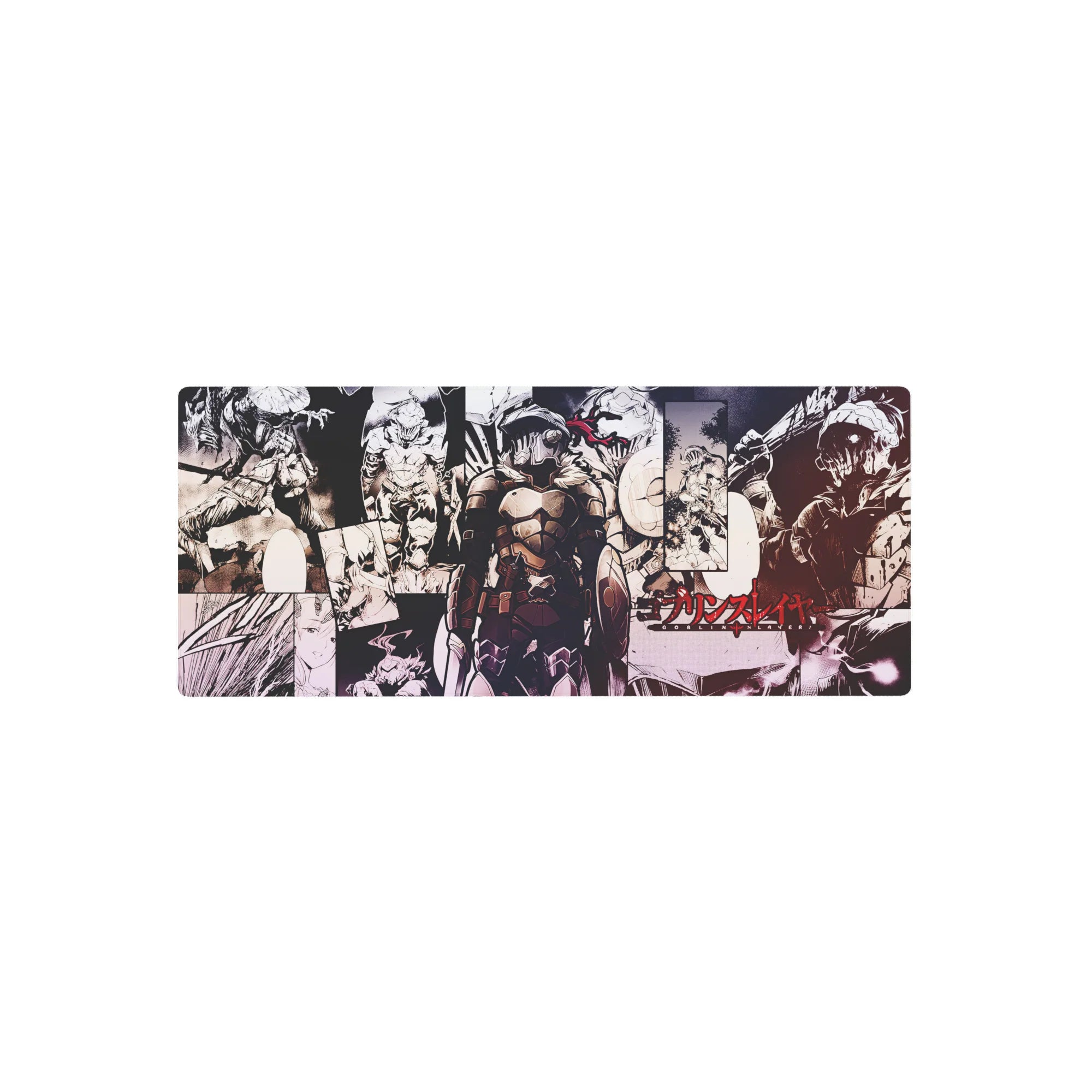 Goblin Slayer anime mouse pad 28x12 inches with armored hero over manga panel collage, crisp linework.
