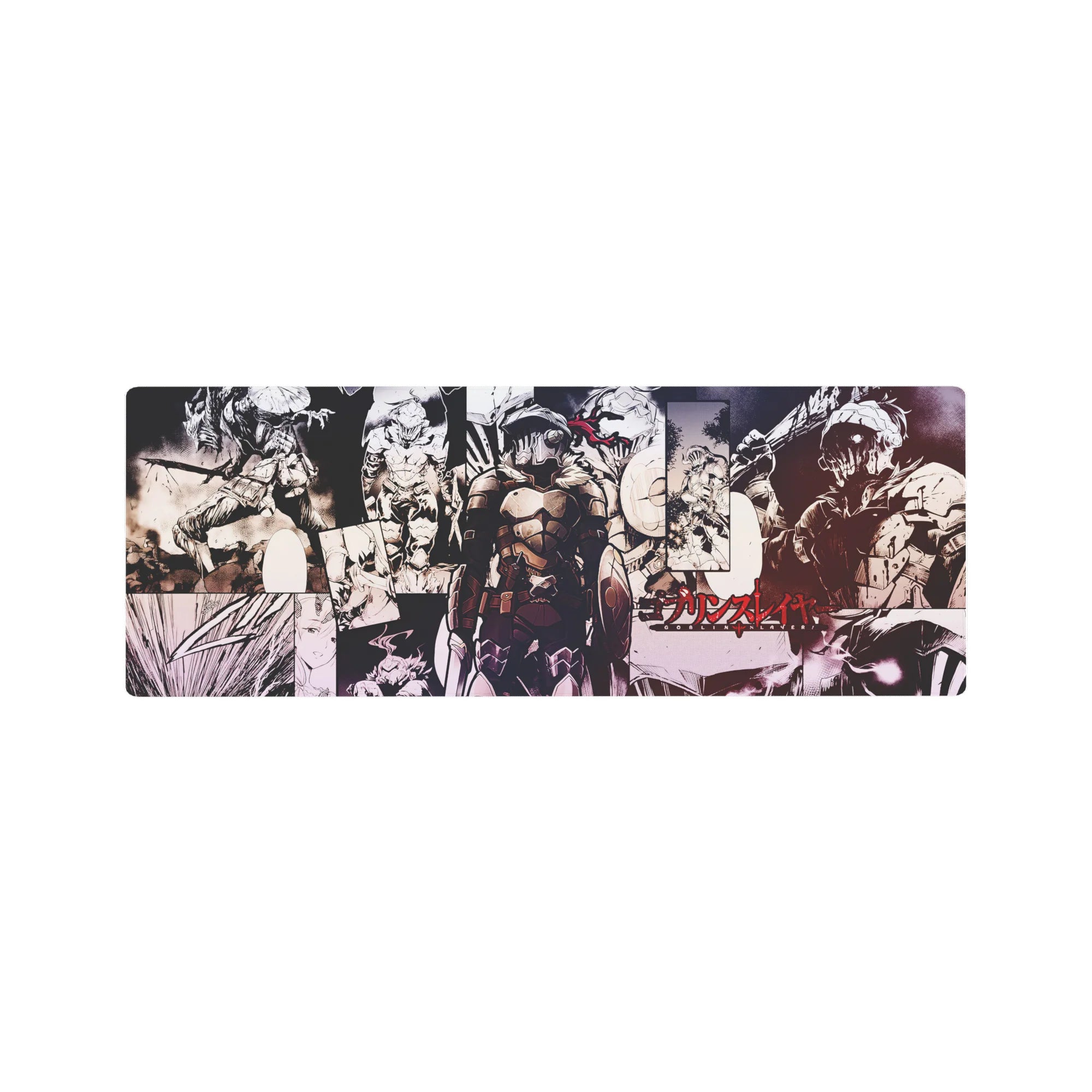 Goblin Slayer manga collage anime mouse pad, armored warrior with visor and fur collar, 32x12 inches.