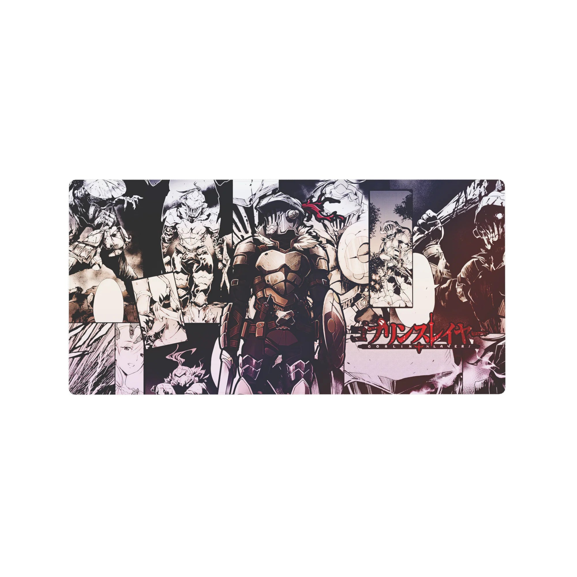 Goblin Slayer manga collage anime mouse pad, armored hero in plate with fur collar, 32x16 inches.