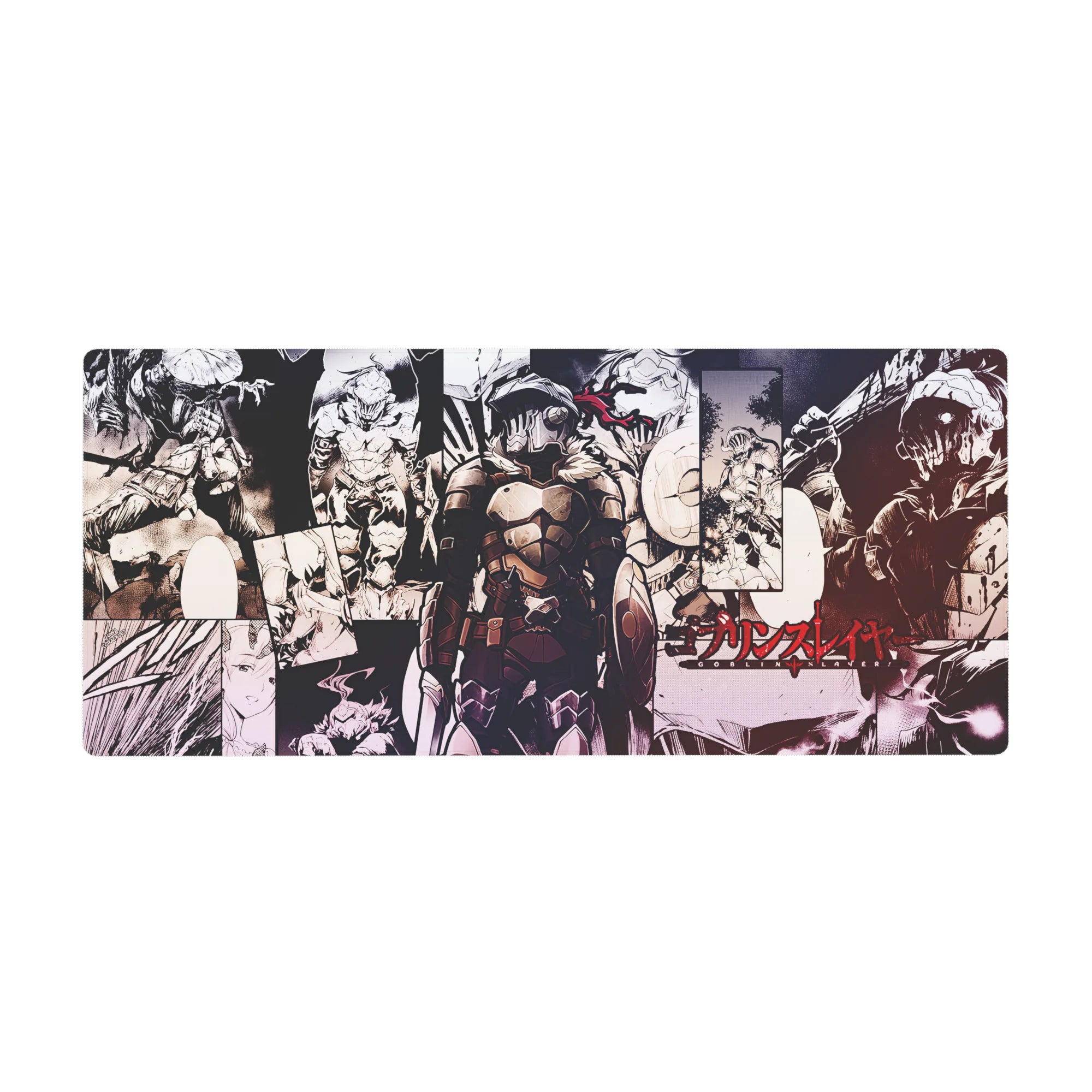 Goblin Slayer manga collage anime desk pad, armored hero center, 36x16 inches.