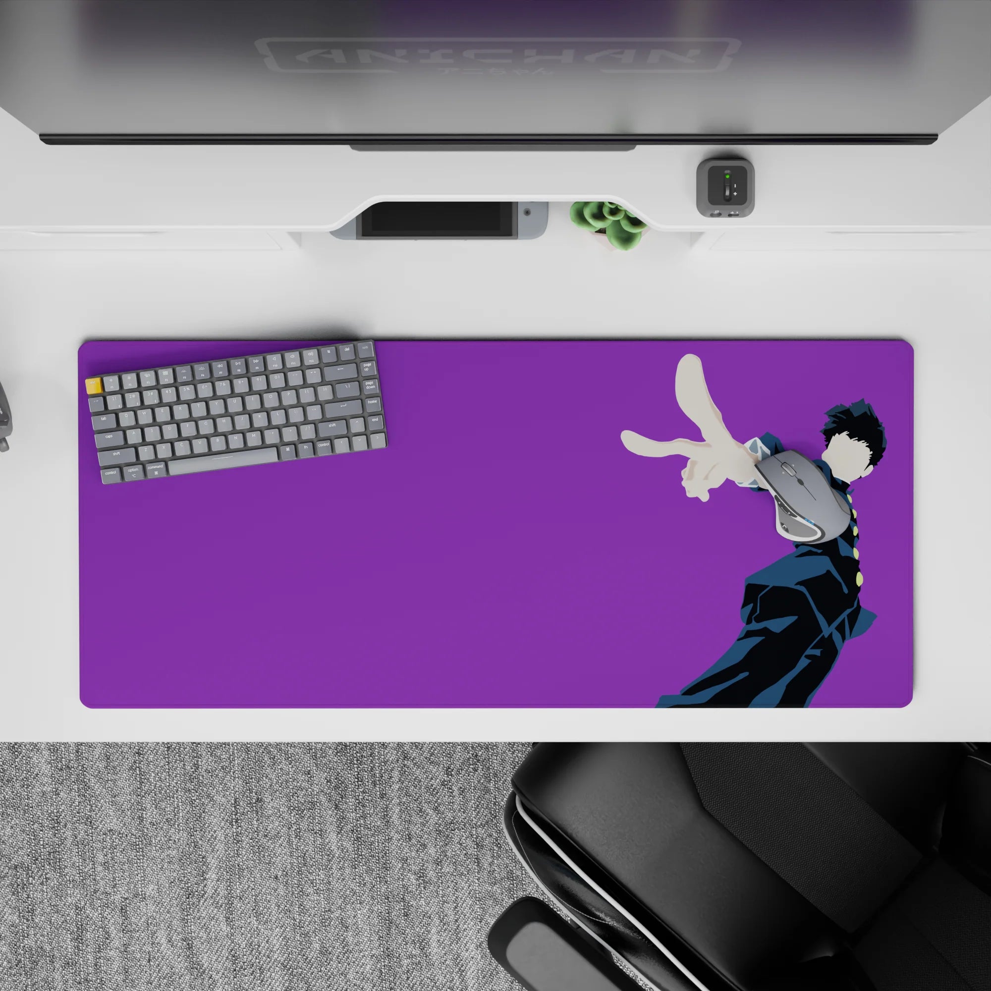 36x16 inches anime mouse pad in punchy purple and deep navy, clean modern vibe for late-night grind.
