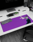 36x16 inches desk pad featuring black-haired anime student in dark uniform mid-stride with bold two-finger pose.