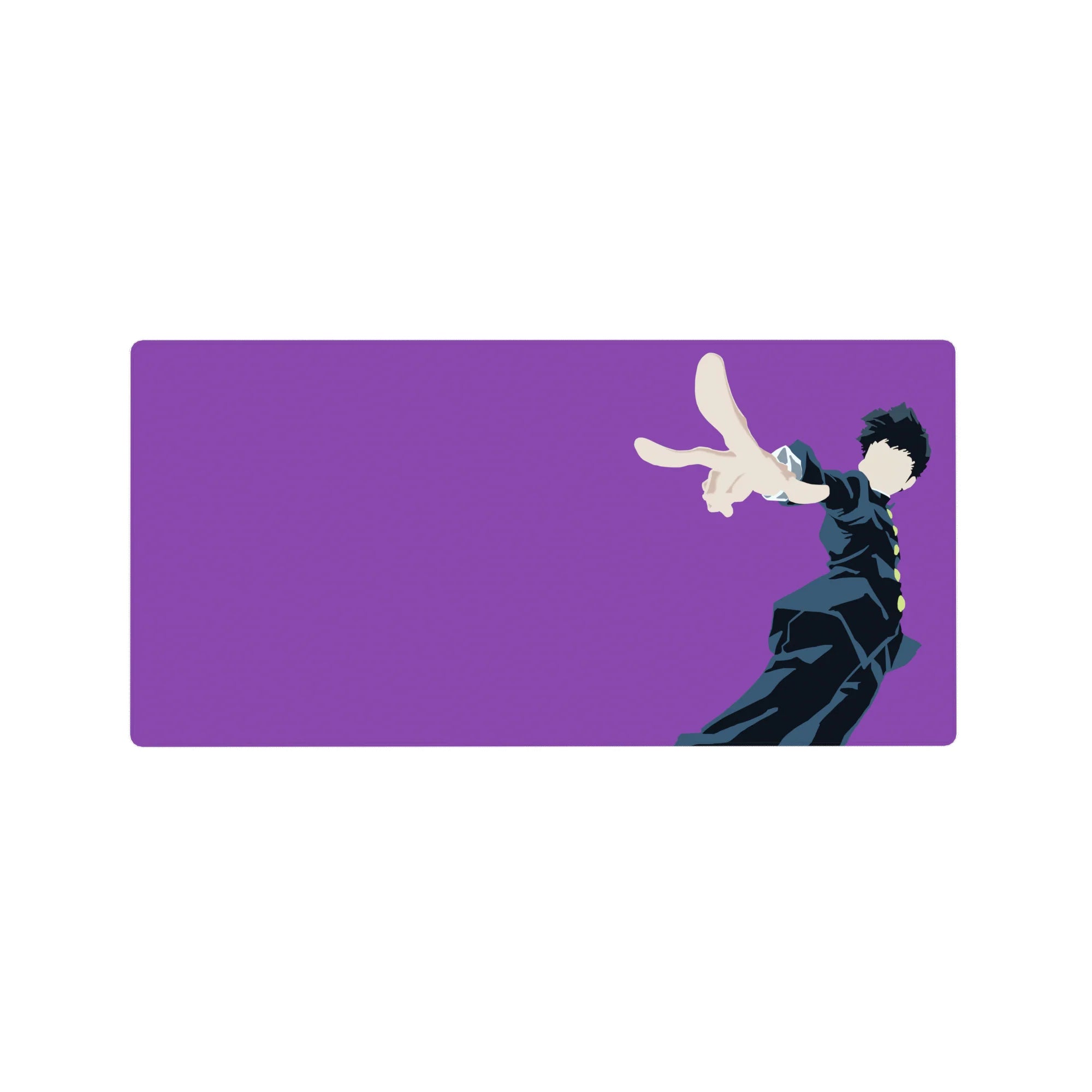 32x16 inches anime mouse pad with purple backdrop and dynamic uniformed student pose, modern minimalist art.