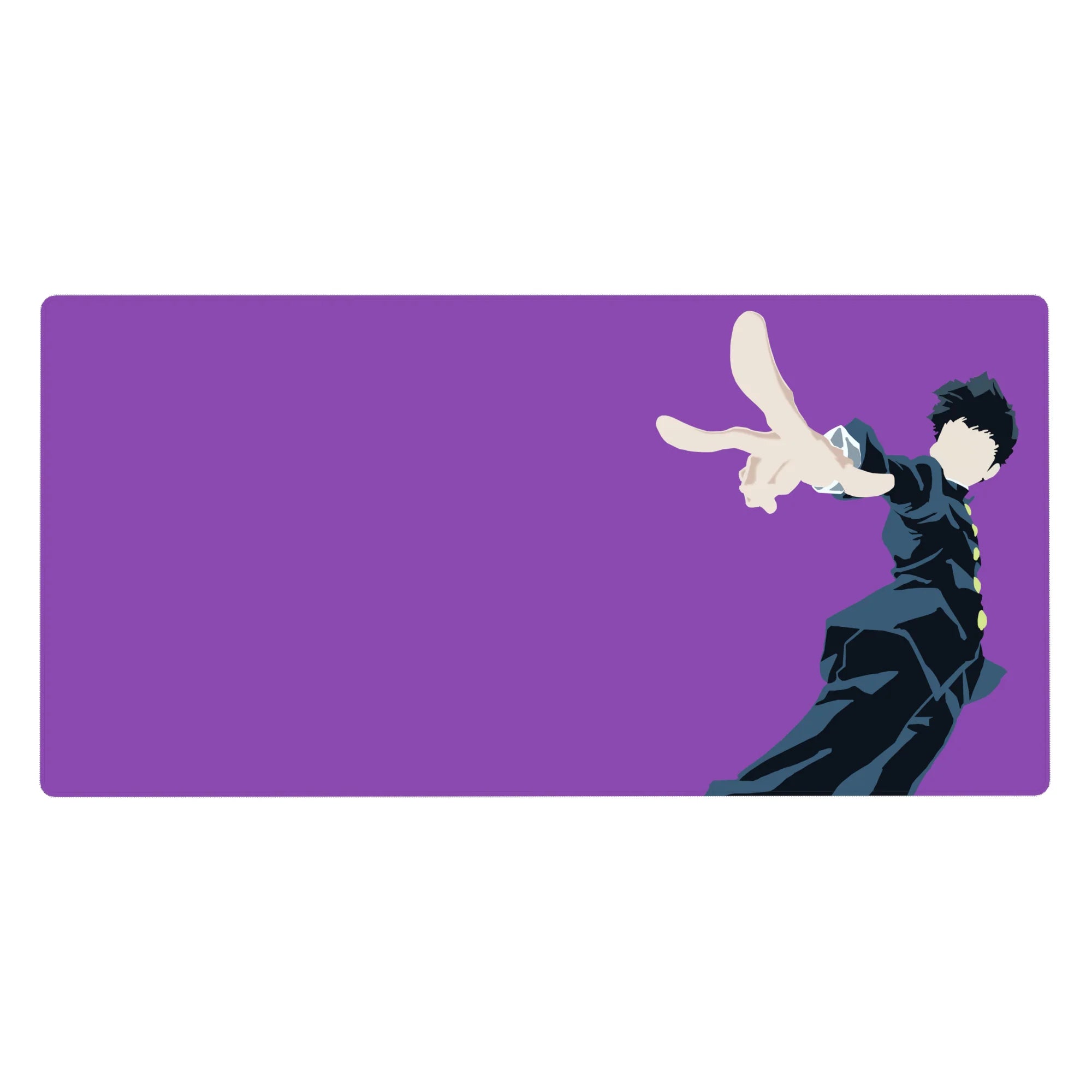 40x20 inches anime desk pad with purple backdrop and minimalist black-haired student in dark uniform.