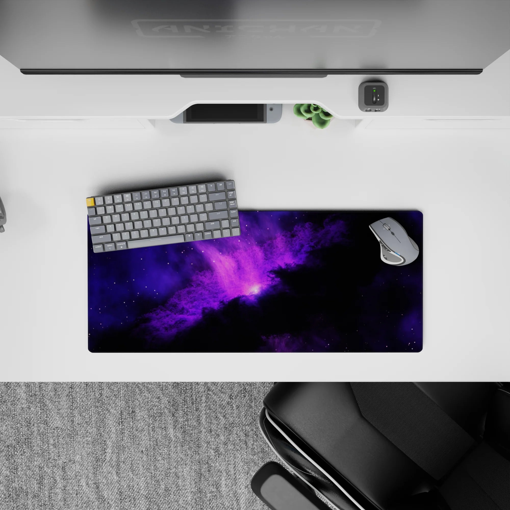 Purple glow and smoky black edges on a 28x12 inches mouse pad for a calm, late-night desk mood.