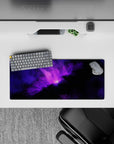 Purple glow and smoky black edges on a 28x12 inches mouse pad for a calm, late-night desk mood.