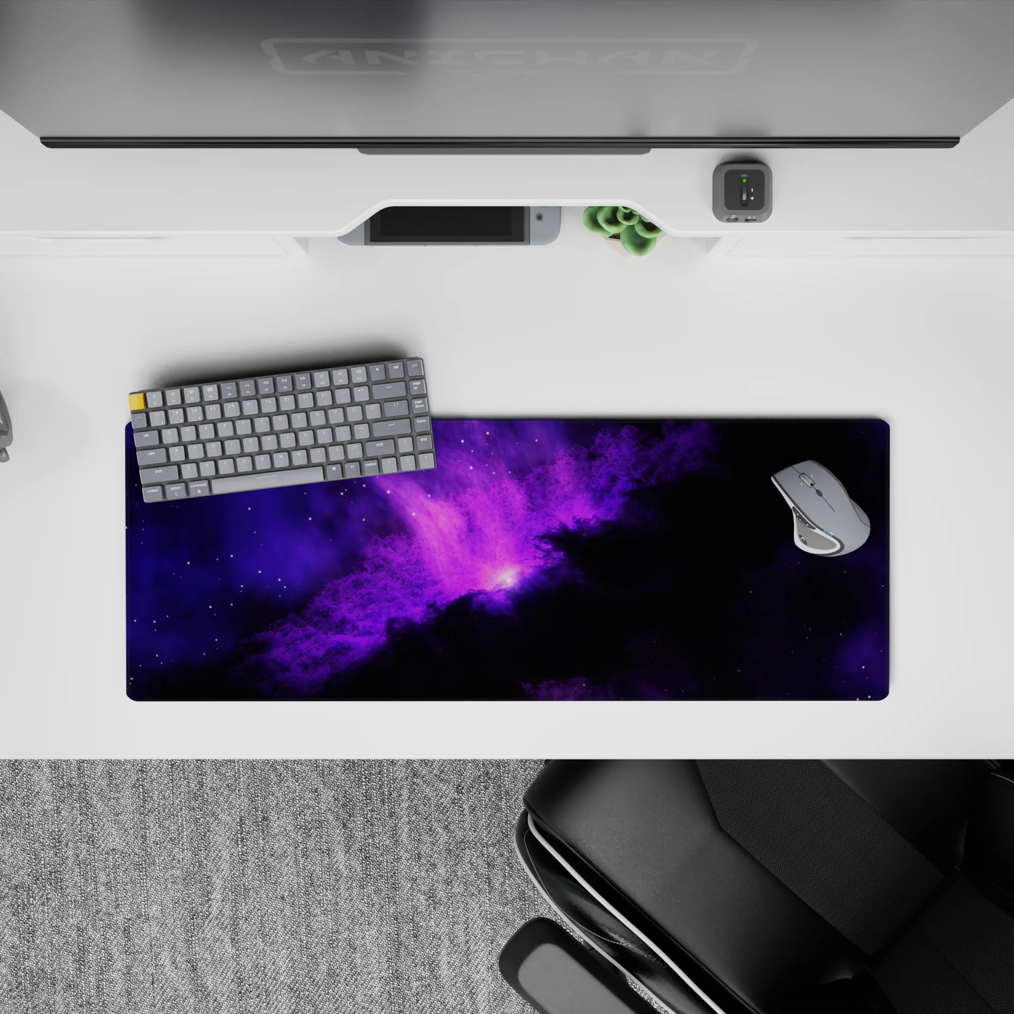 Violet and black 32x12 inches mouse pad with a dreamy purple glow for calm late-night setups.