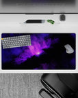 Moody purple glow on black mouse pad 32x16 inches, calming deep-space vibe for gaming.