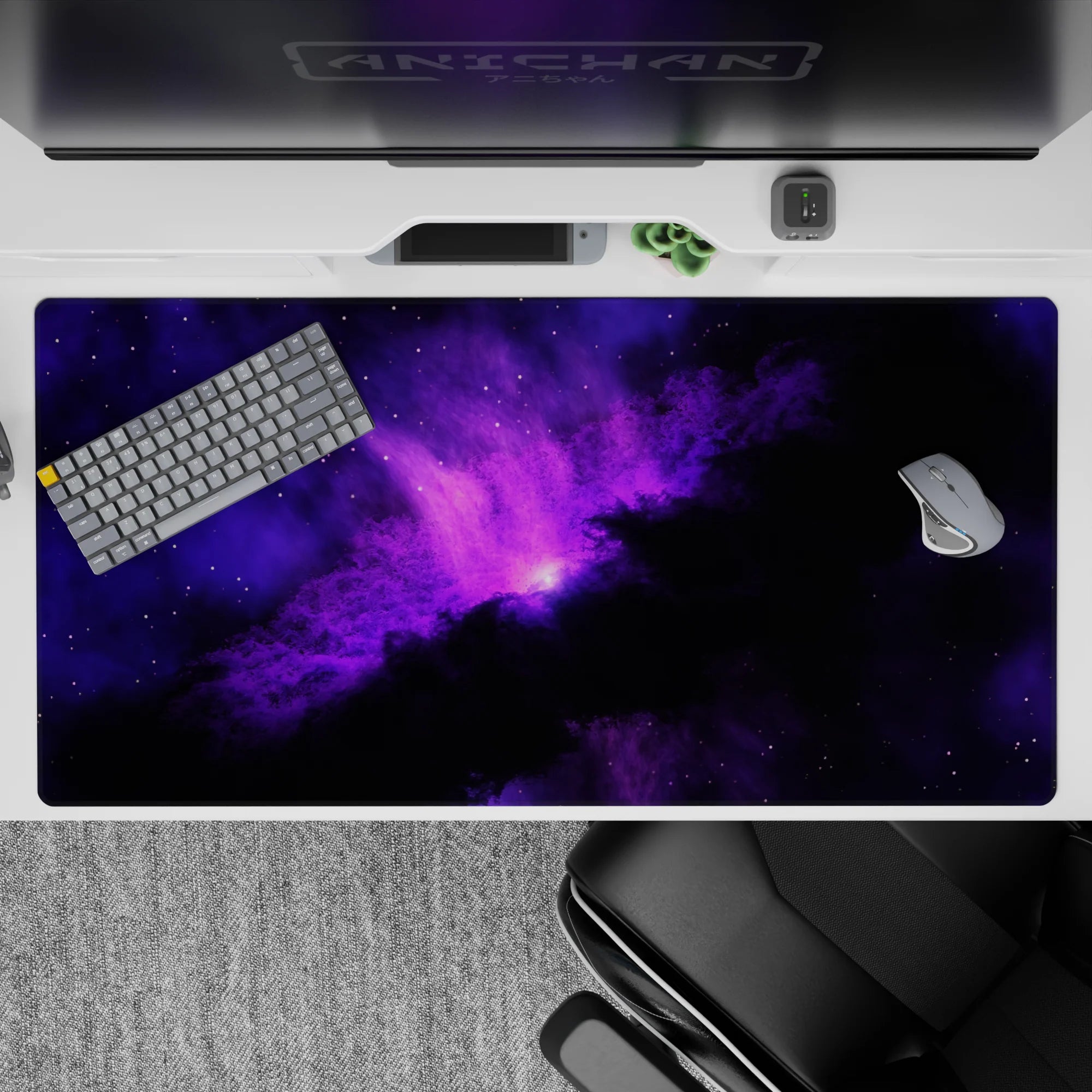 Purple glow and smoky black edges create a calm late-night vibe desk pad, 40x20 inches.