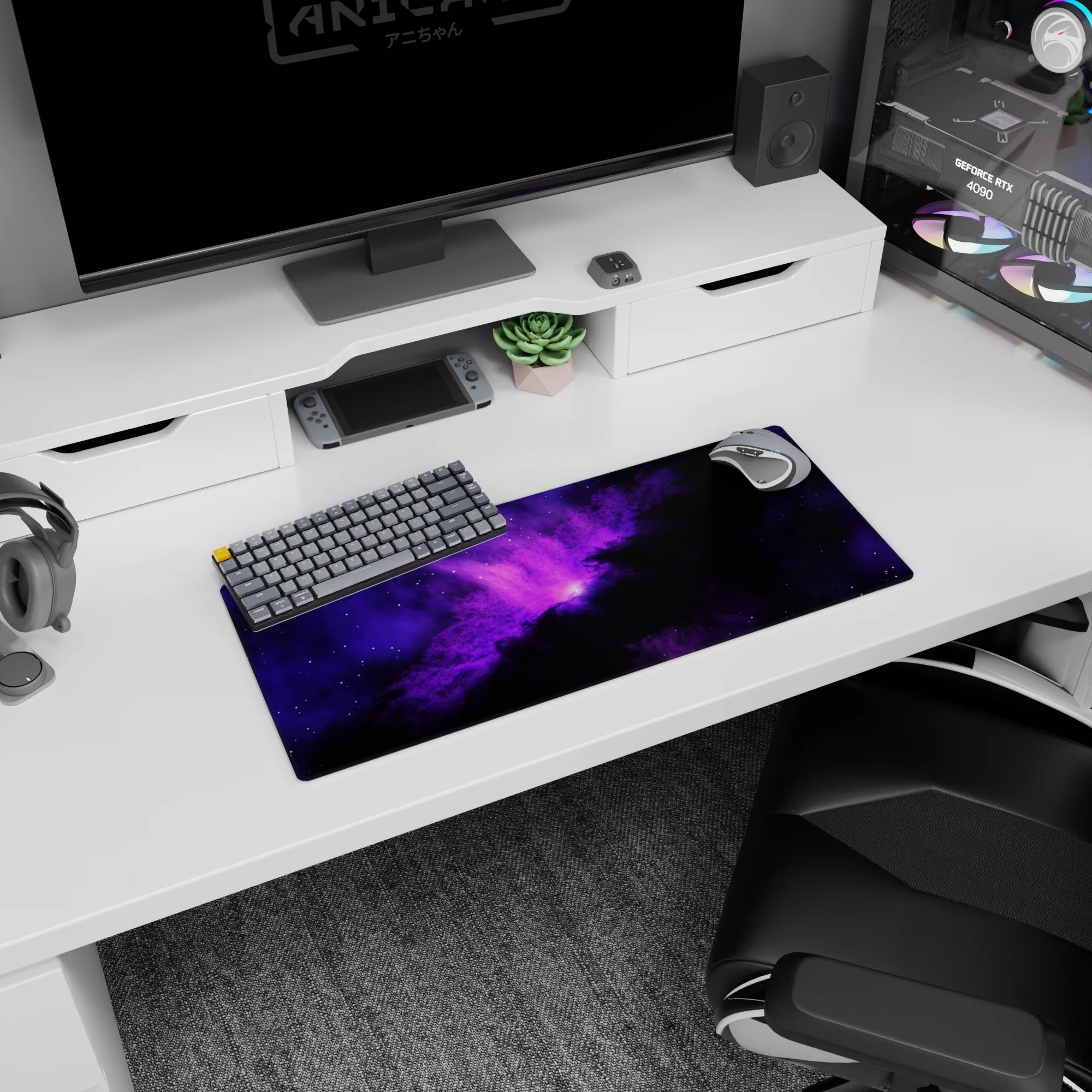 Star-speckled deep-space scene with a central purple nebula on a 28x12 inches extended mouse pad.