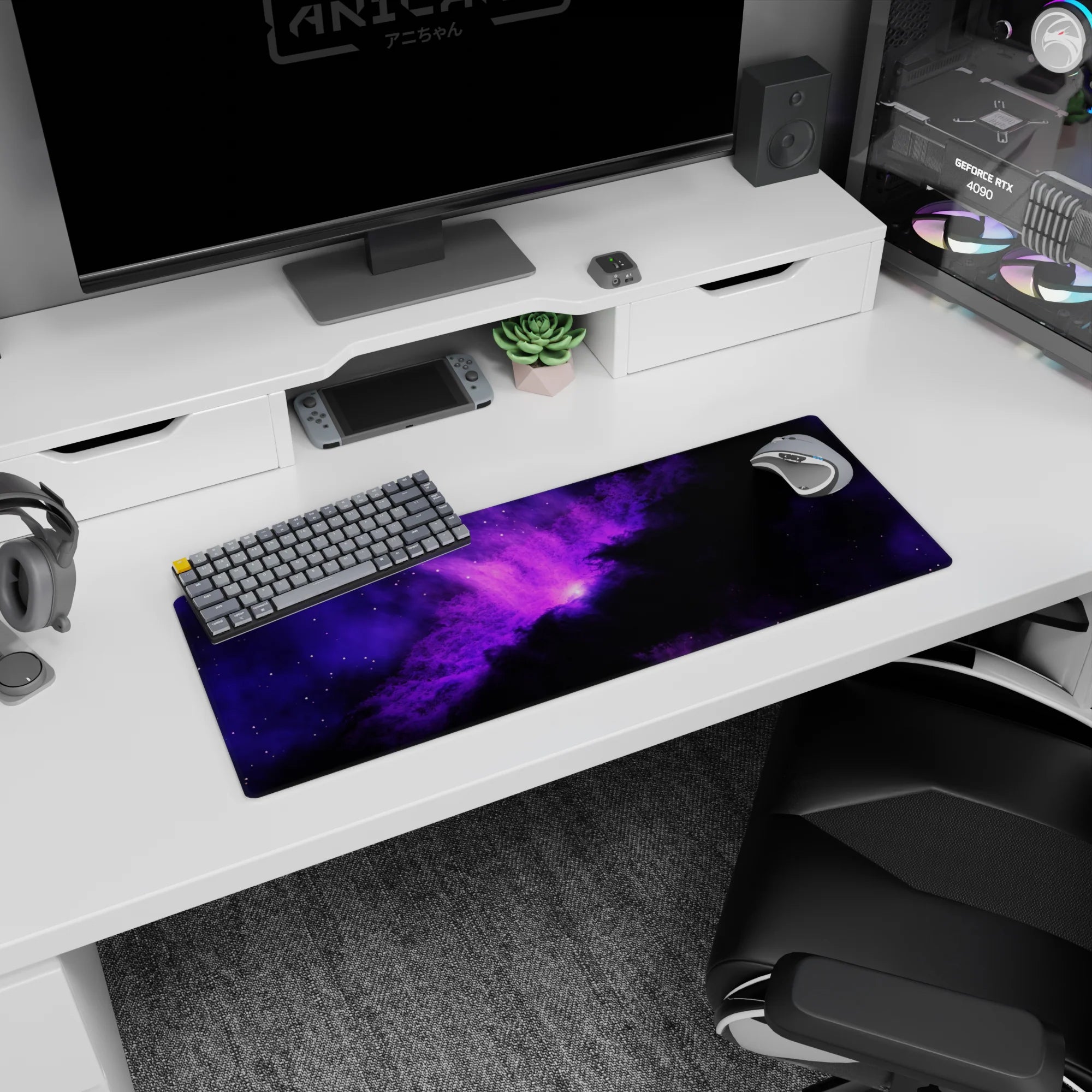 Deep space sunrise scene 32x12 inches mouse pad, purple nebula center fading into smoky edges.