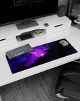 Deep space sunrise scene 32x12 inches mouse pad, purple nebula center fading into smoky edges.