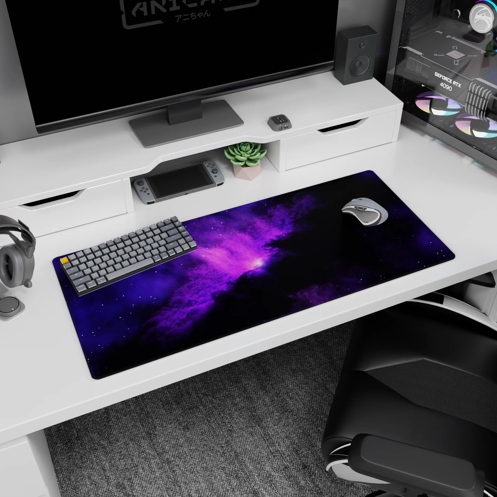 Deep space scene desk pad with violet nebula clouds and tiny star specks, 36x16 inches.