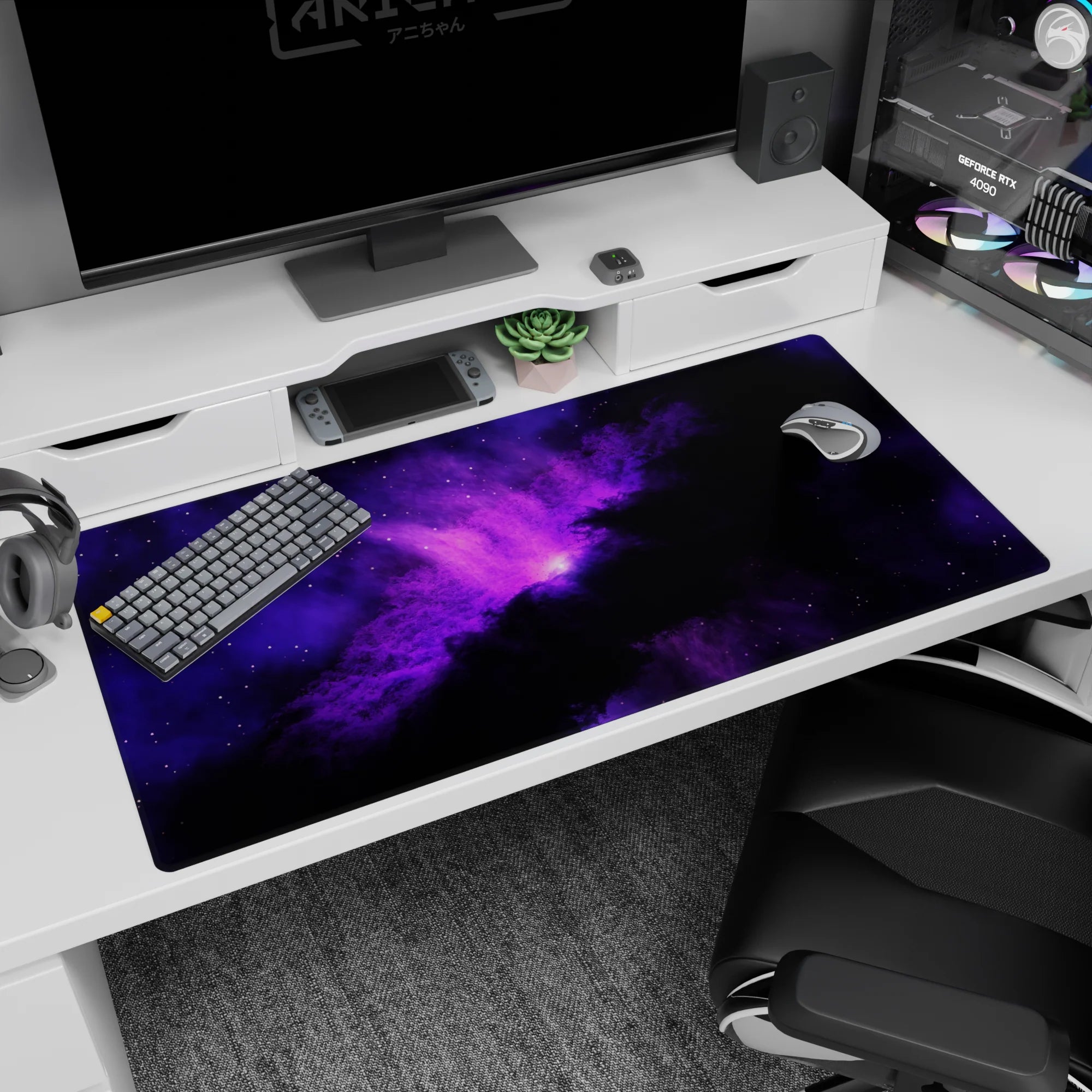 Deep space scene desk pad with central violet sunrise-like nebula and tiny stars, 40x20 inches.