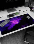 Deep space scene desk pad with central violet sunrise-like nebula and tiny stars, 40x20 inches.