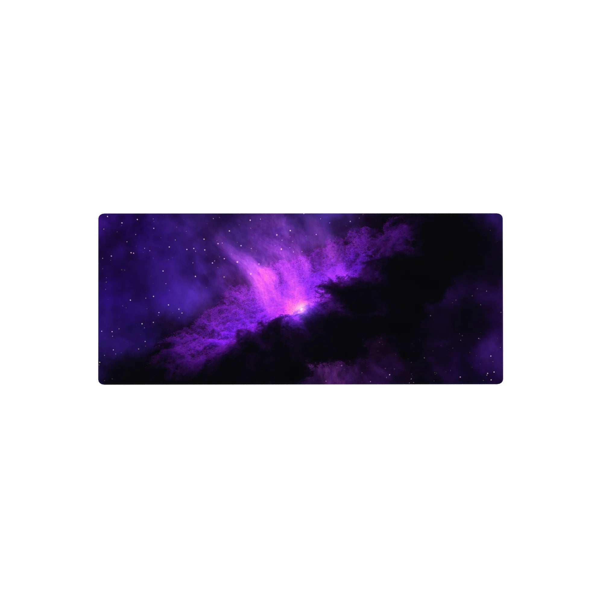 Violet nebula galaxy mouse pad, 28x12 inches, star-speckled space design on inky black.