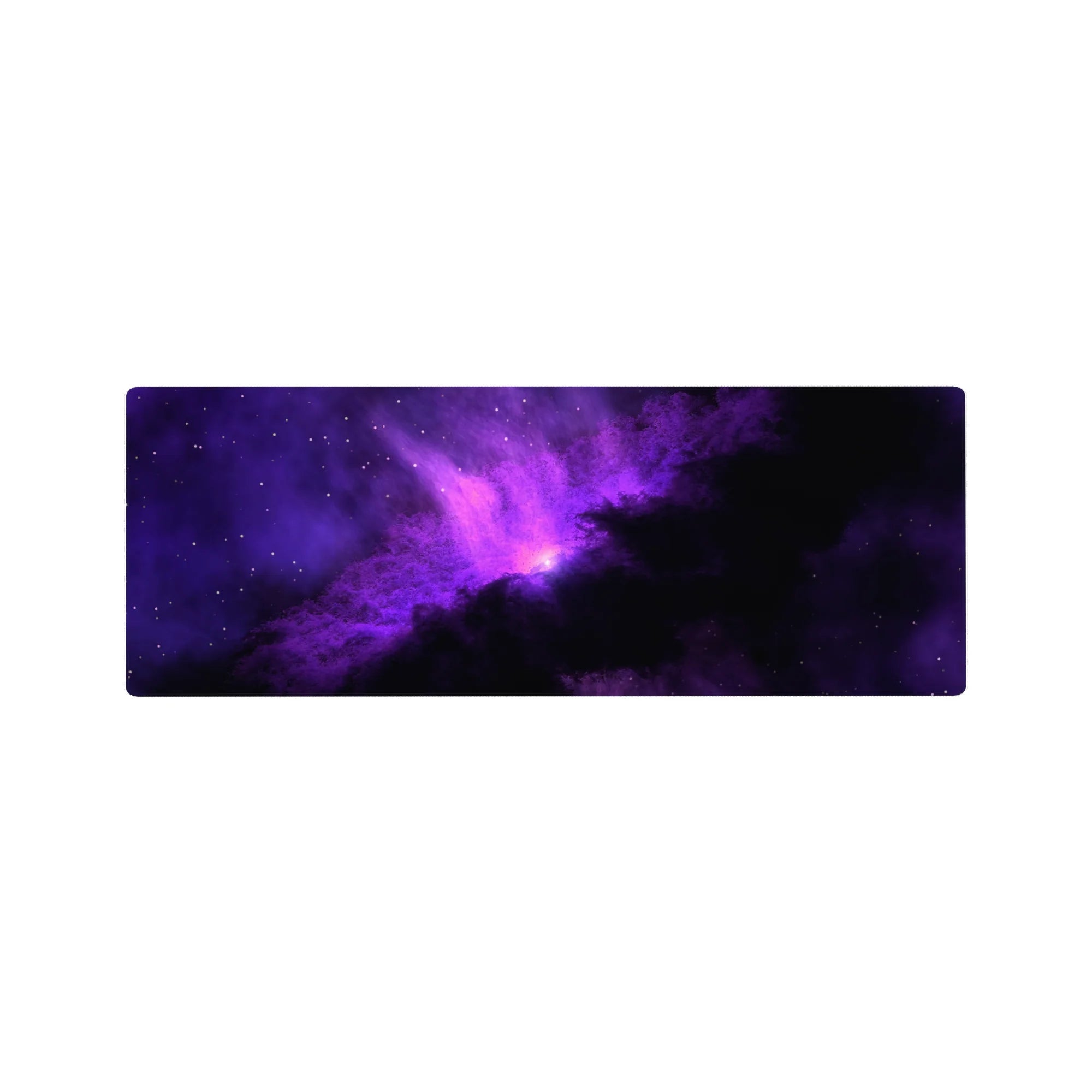 Galaxy nebula desk mouse pad 32x12 inches with star-speckled violet clouds on black.