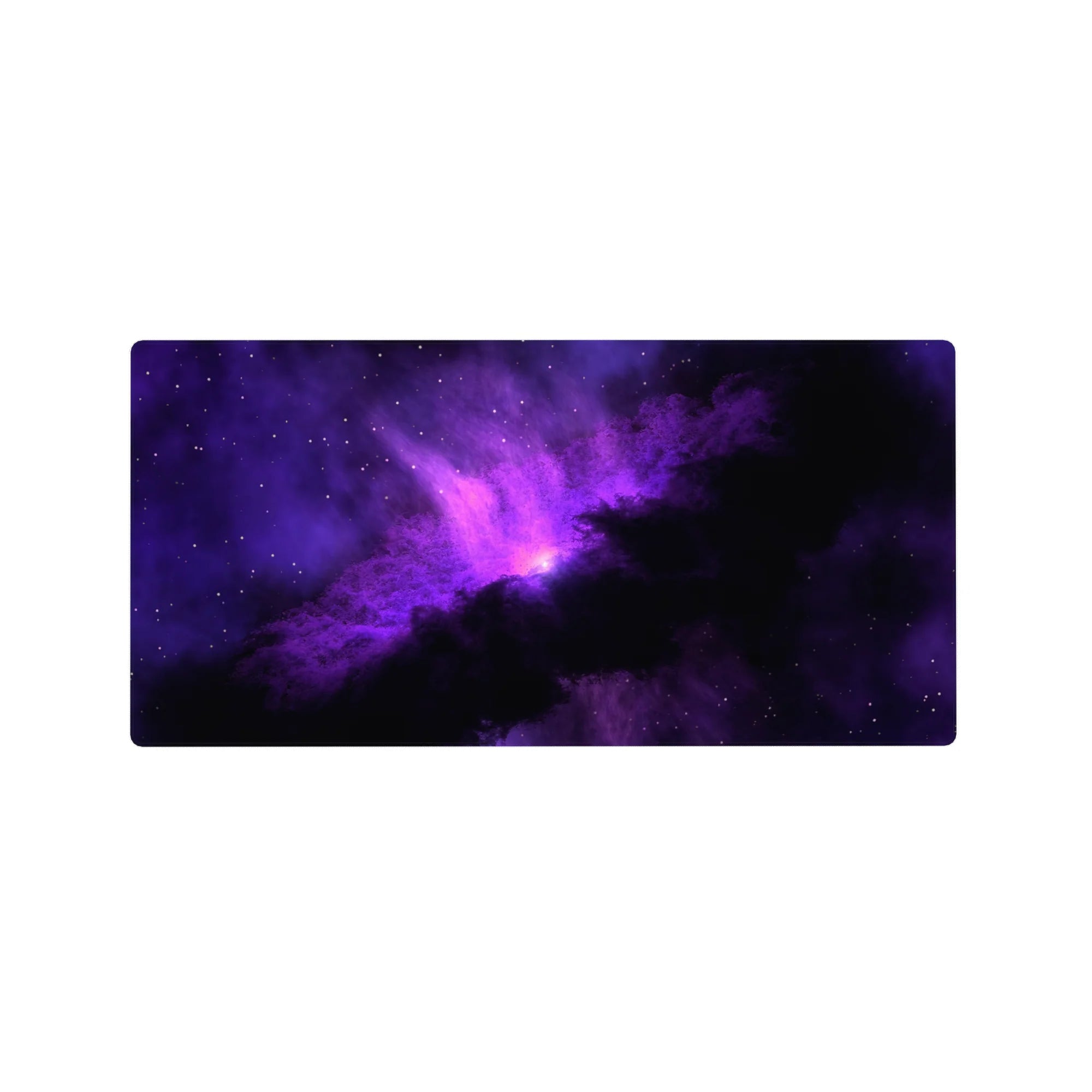Violet nebula galaxy desk mouse pad 32x16 inches with star-speckled black edges.