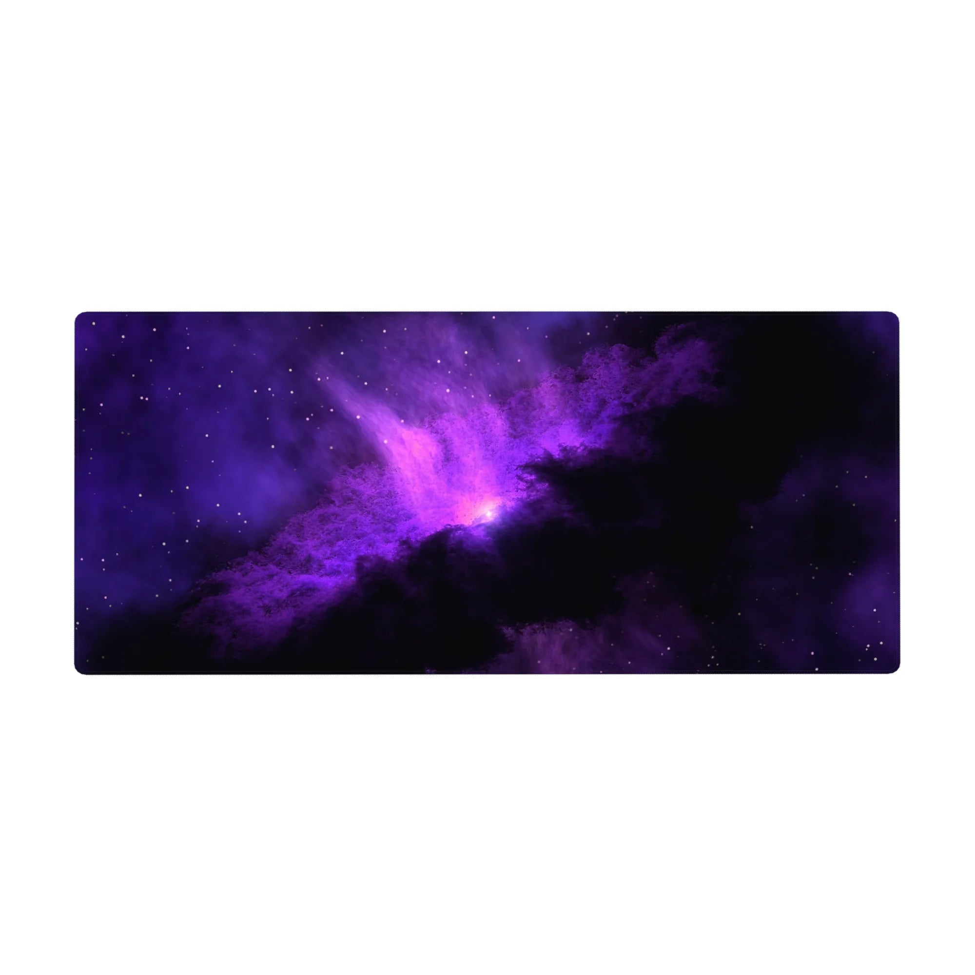Violet nebula galaxy desk pad mouse mat, star-speckled space design, 36x16 inches.