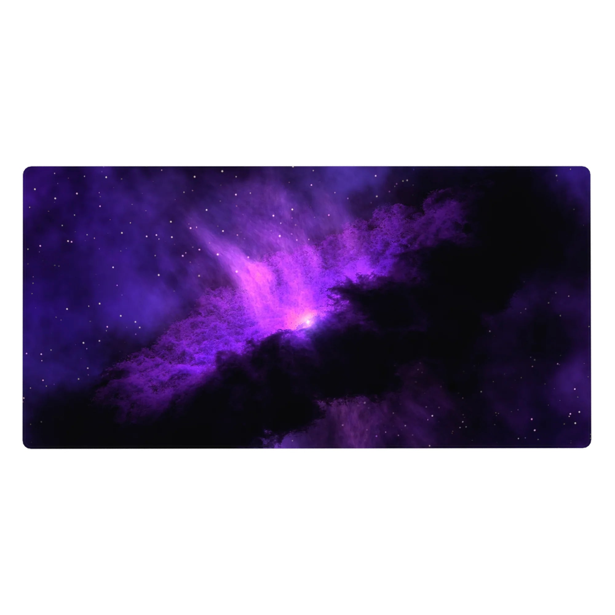 Violet nebula galaxy desk pad with star-speckled black background, 40x20 inches.