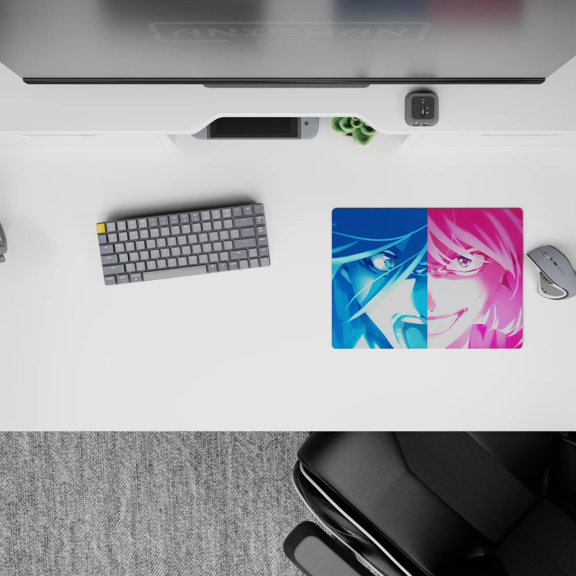 Neon blue and hot pink anime girl mouse pad 14x10 inches, high-energy vibe with sweat drop and smirk.