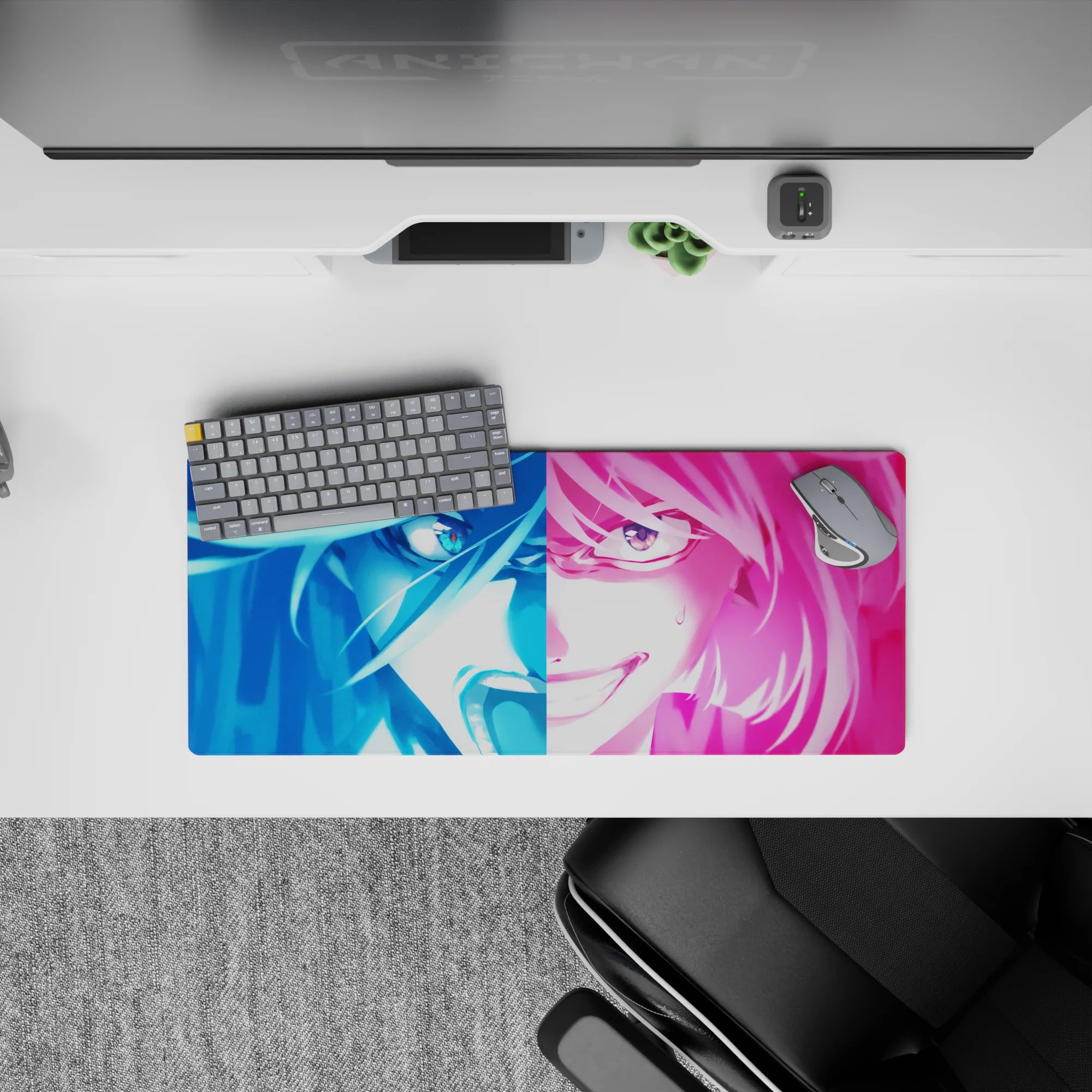 28x12 inches anime girl mouse pad in electric blue and hot pink, loud neon drama with an edgy vibe.