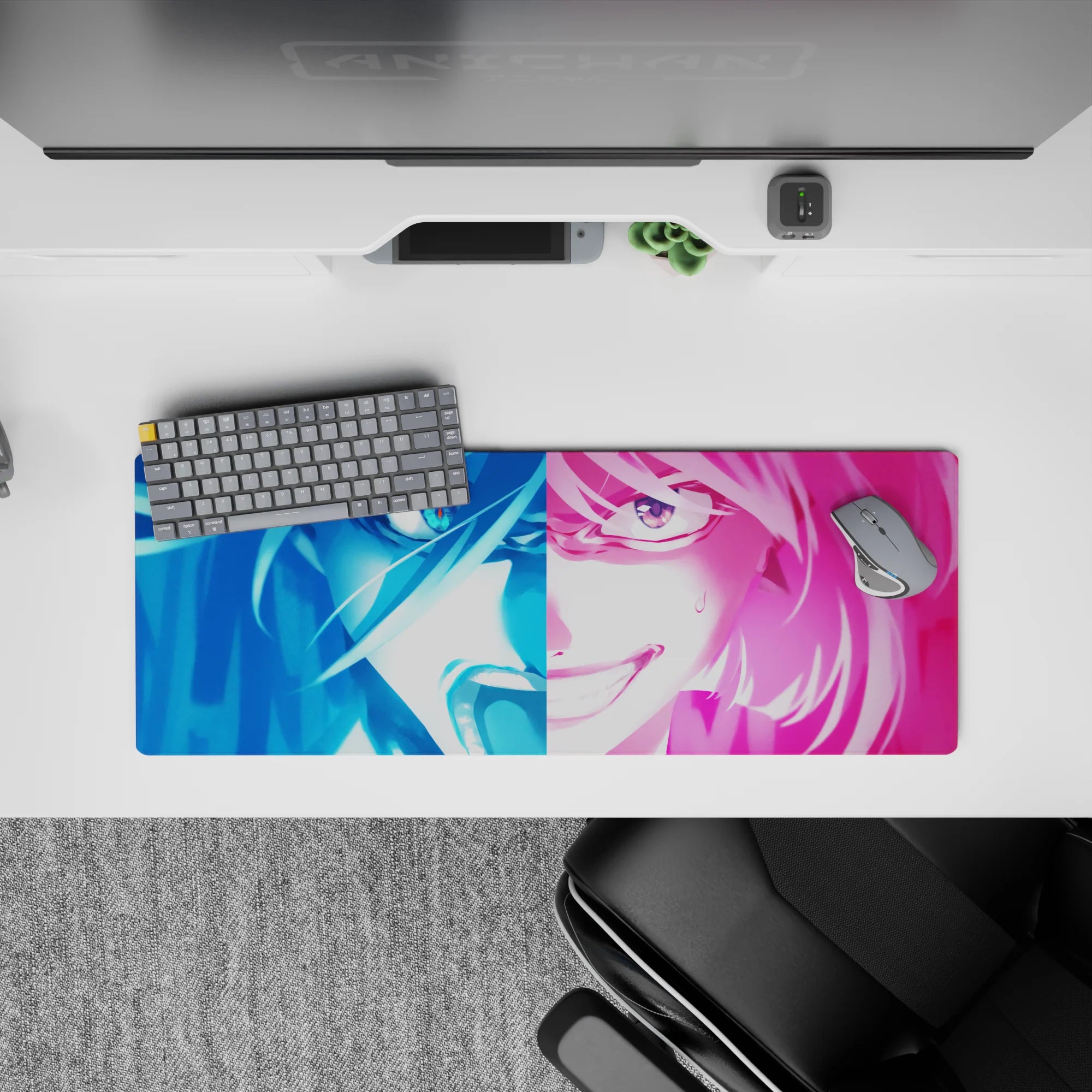 32x12 inches neon anime girl mouse pad in electric blue and hot pink, loud fast vibe with smooth tracking.