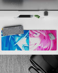32x12 inches neon anime girl mouse pad in electric blue and hot pink, loud fast vibe with smooth tracking.