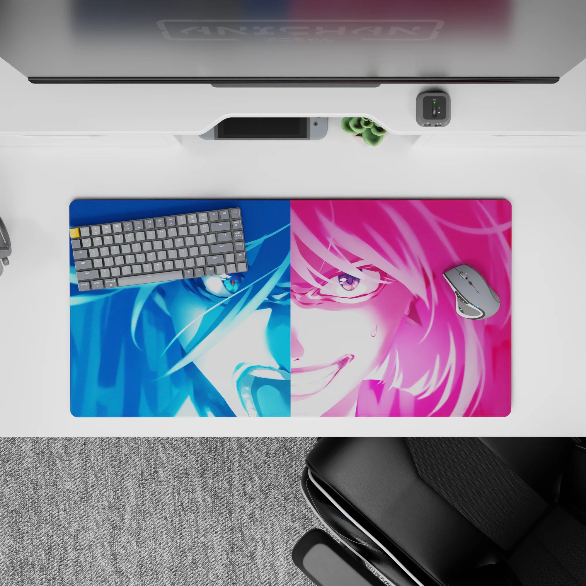 32x16 inches neon anime girl mouse pad in electric blue and hot pink, bold, fast, and loud desk vibe.
