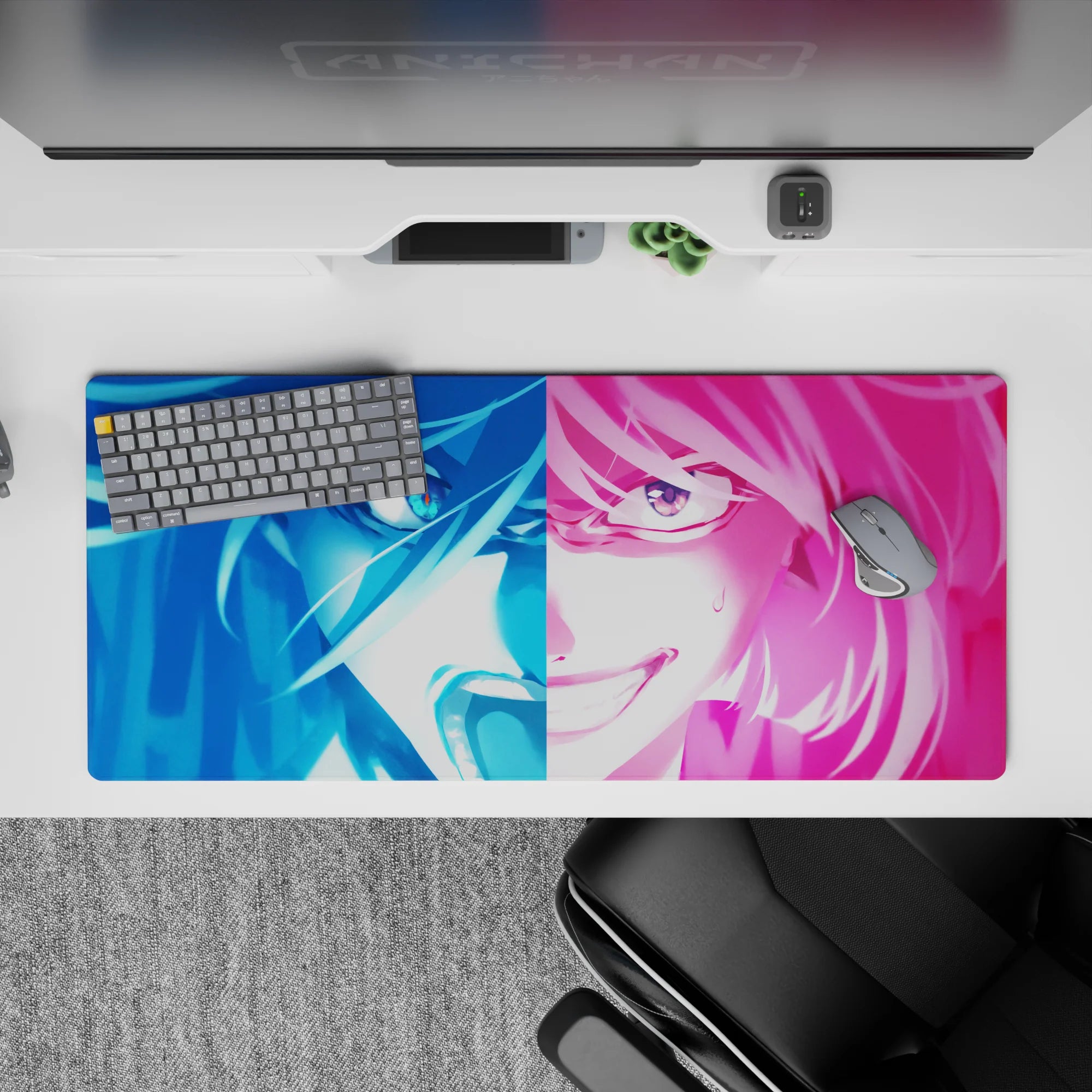 Neon blue and hot pink anime girl desk pad 36x16 inches, electric vibe with sweat-drop tension.