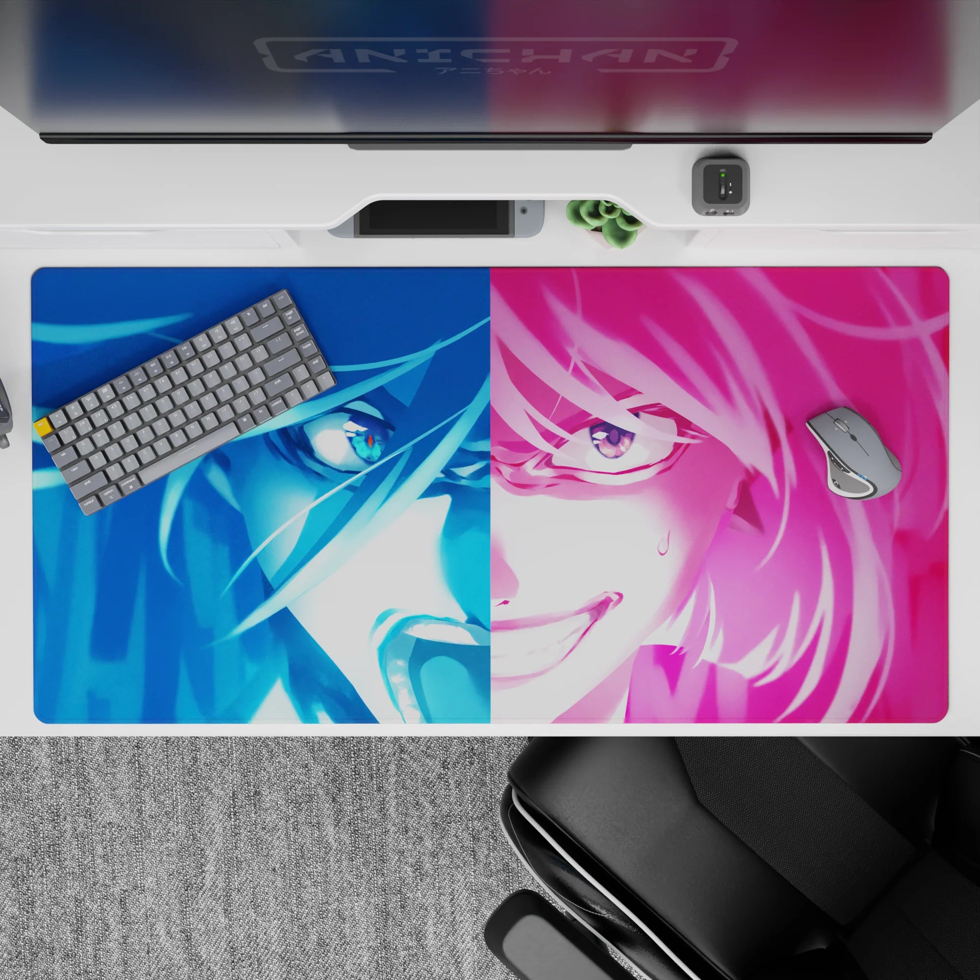 Electric blue and hot pink anime desk pad 40x20 inches, high-energy neon drama vibe with sweat-drop detail.